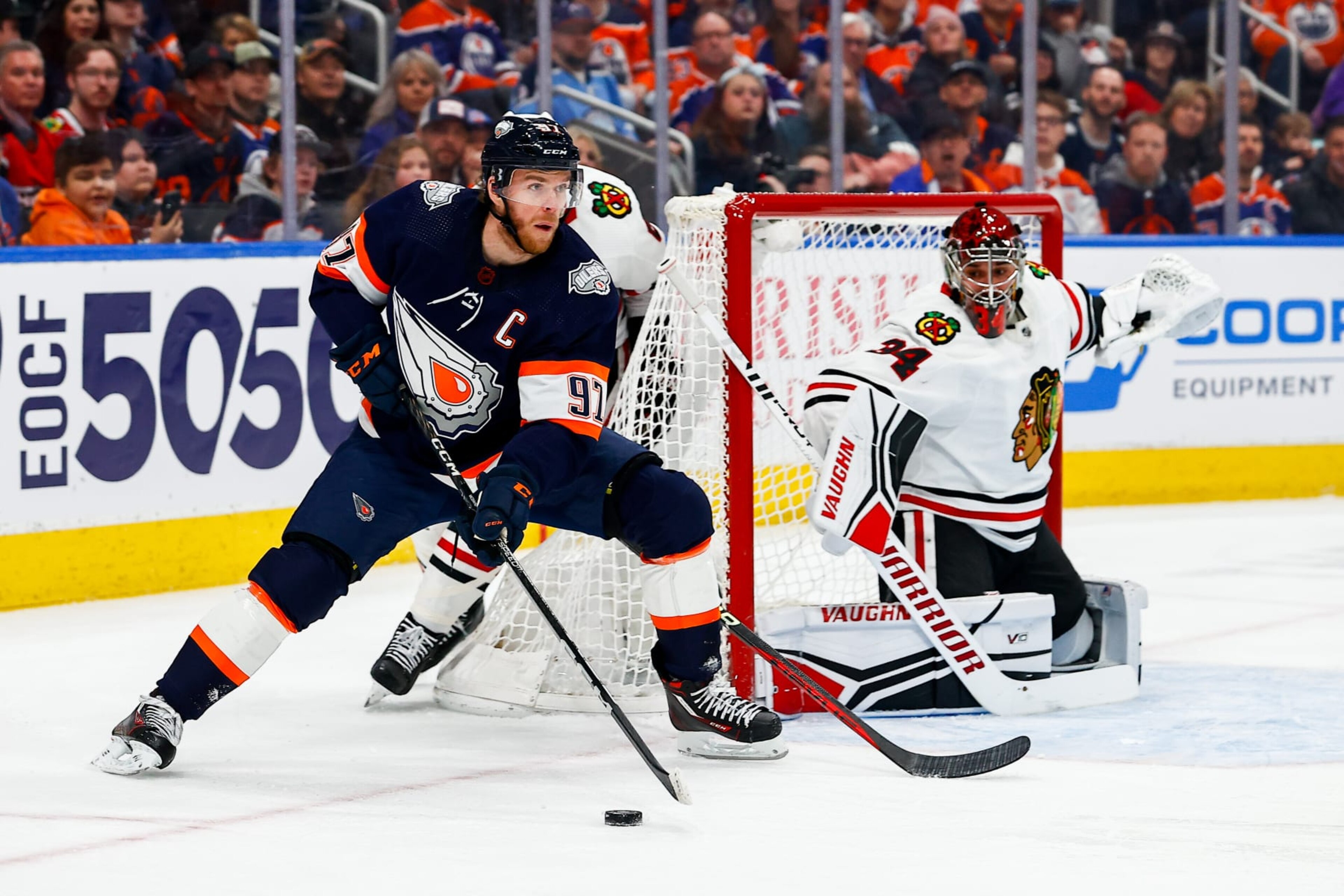EDMONTON, AB - JANUARY 28: Edmonton Oilers Center Connor McDavid (97) takes the puck to the net in the first period of the Edmonton Oilers game versus the Chicago Blackhawks on January 28, 2023 at Rogers Place in Edmonton, AB. (Photo by Curtis Comeau/Icon Sportswire via Getty Images)