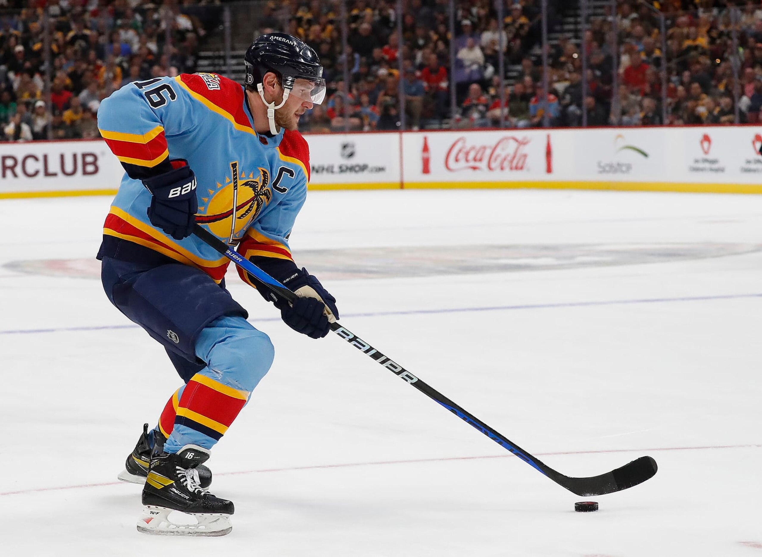 SUNRISE, FLORIDA - JANUARY 28: Aleksander Barkov #16 of the Florida Panthers skates with the puck against the Boston Bruins at the FLA Live Arena on January 28, 2023 in Sunrise, Florida. (Photo by Eliot J. Schechter/NHLI via Getty Images)