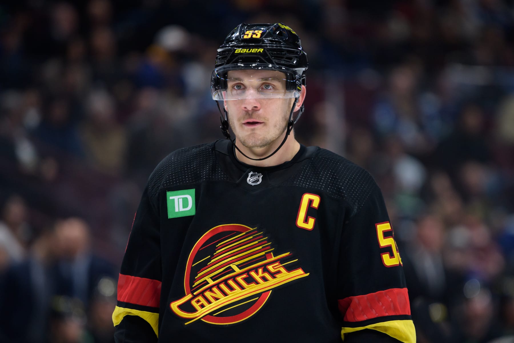 VANCOUVER, CANADA - JANUARY 27: Bo Horvat #53 of the Vancouver Canucks waits for a face-off during the second period of their NHL game against the Columbus Blue Jackets at Rogers Arena on January 27, 2023 in Vancouver, British Columbia, Canada. (Photo by Derek Cain/Getty Images)