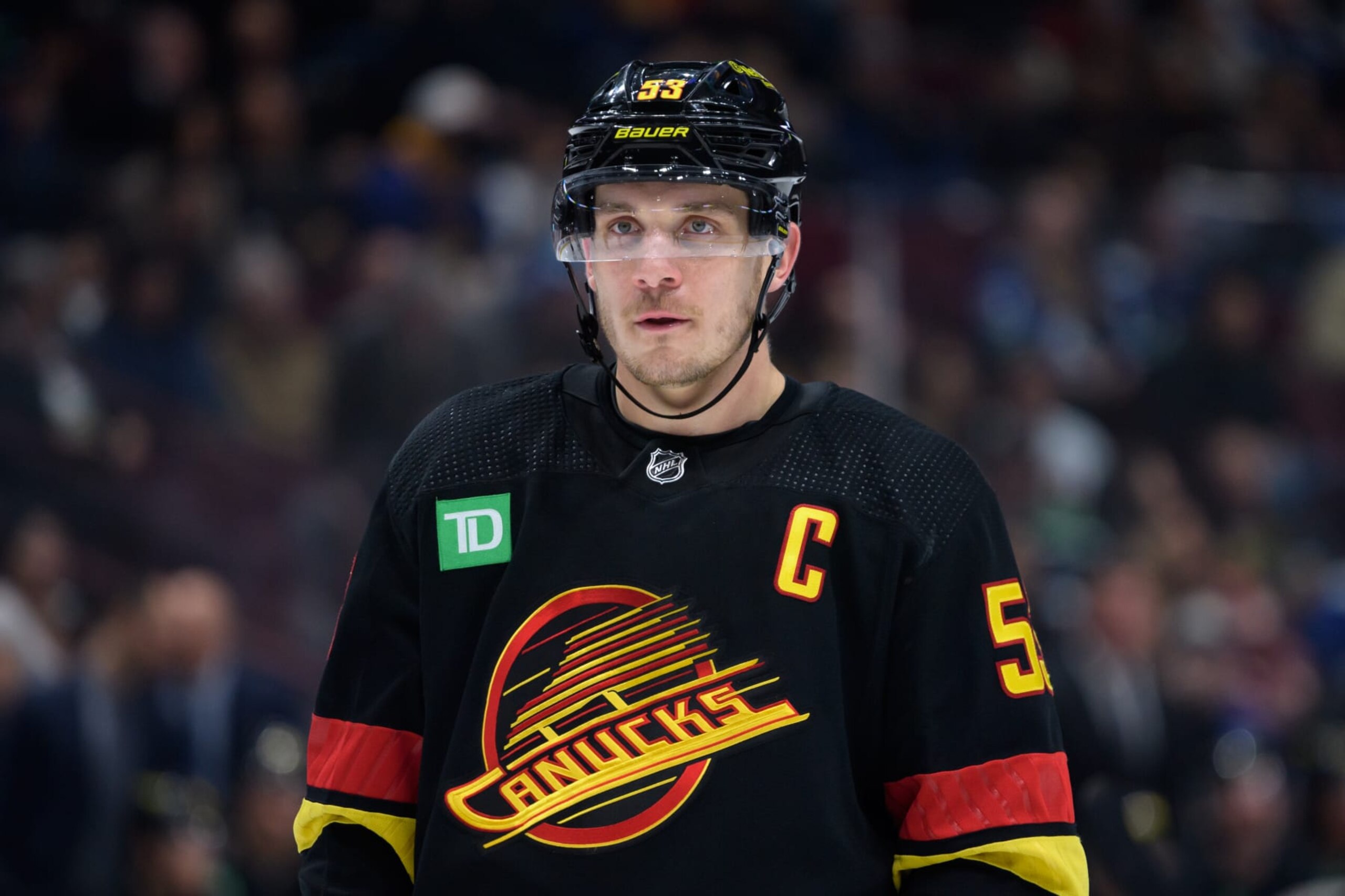 VANCOUVER, CANADA - JANUARY 27: Bo Horvat #53 of the Vancouver Canucks waits for a face-off during the second period of their NHL game against the Columbus Blue Jackets at Rogers Arena on January 27, 2023 in Vancouver, British Columbia, Canada. (Photo by Derek Cain/Getty Images)