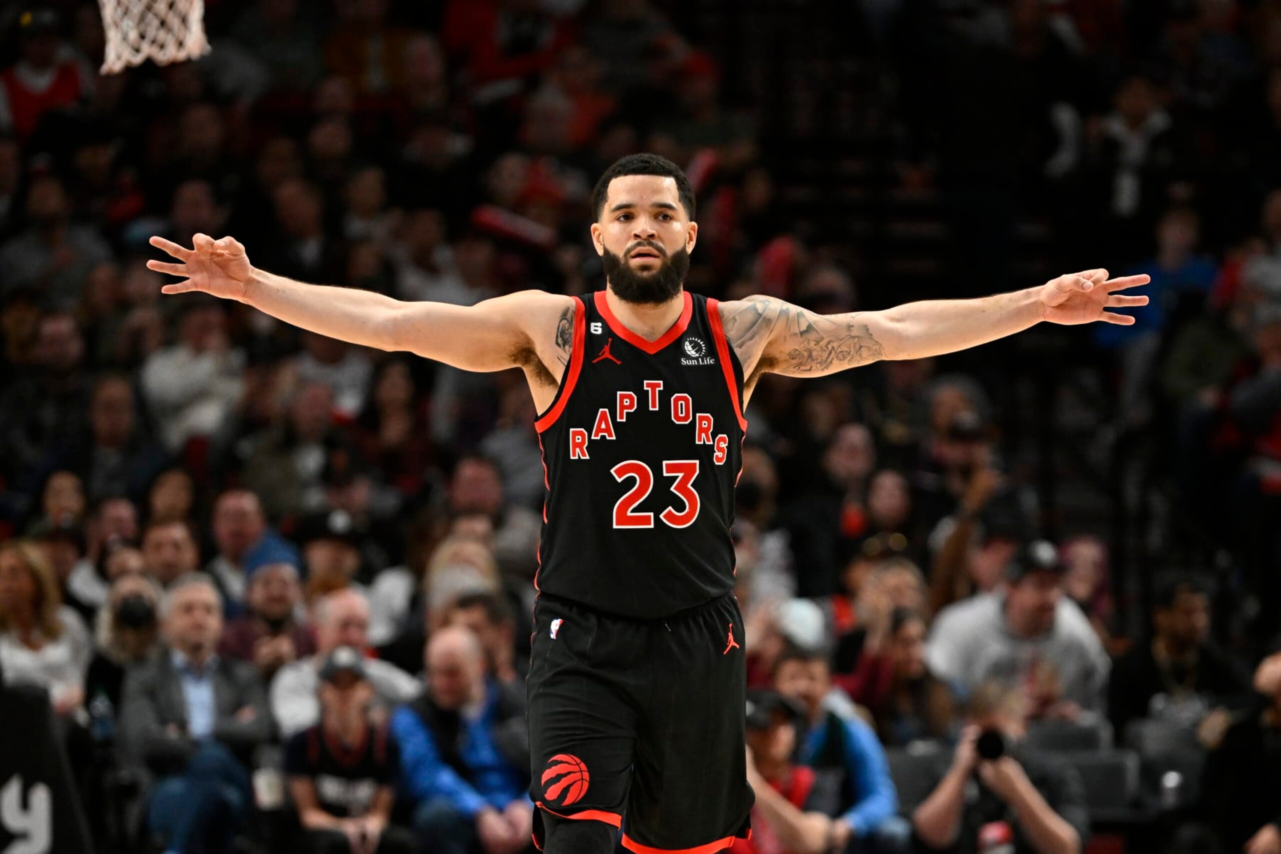 PORTLAND, OREGON - JANUARY 28: Fred VanVleet #23 of the Toronto Raptors gestures during the fourth quarter against the Portland Trail Blazers at the Moda Center on January 28, 2023 in Portland, Oregon. The Toronto Raptors won 123-105. NOTE TO USER: User expressly acknowledges and agrees that, by downloading and or using this photograph, User is consenting to the terms and conditions of the Getty Images License Agreement. (Photo by Alika Jenner/Getty Images)