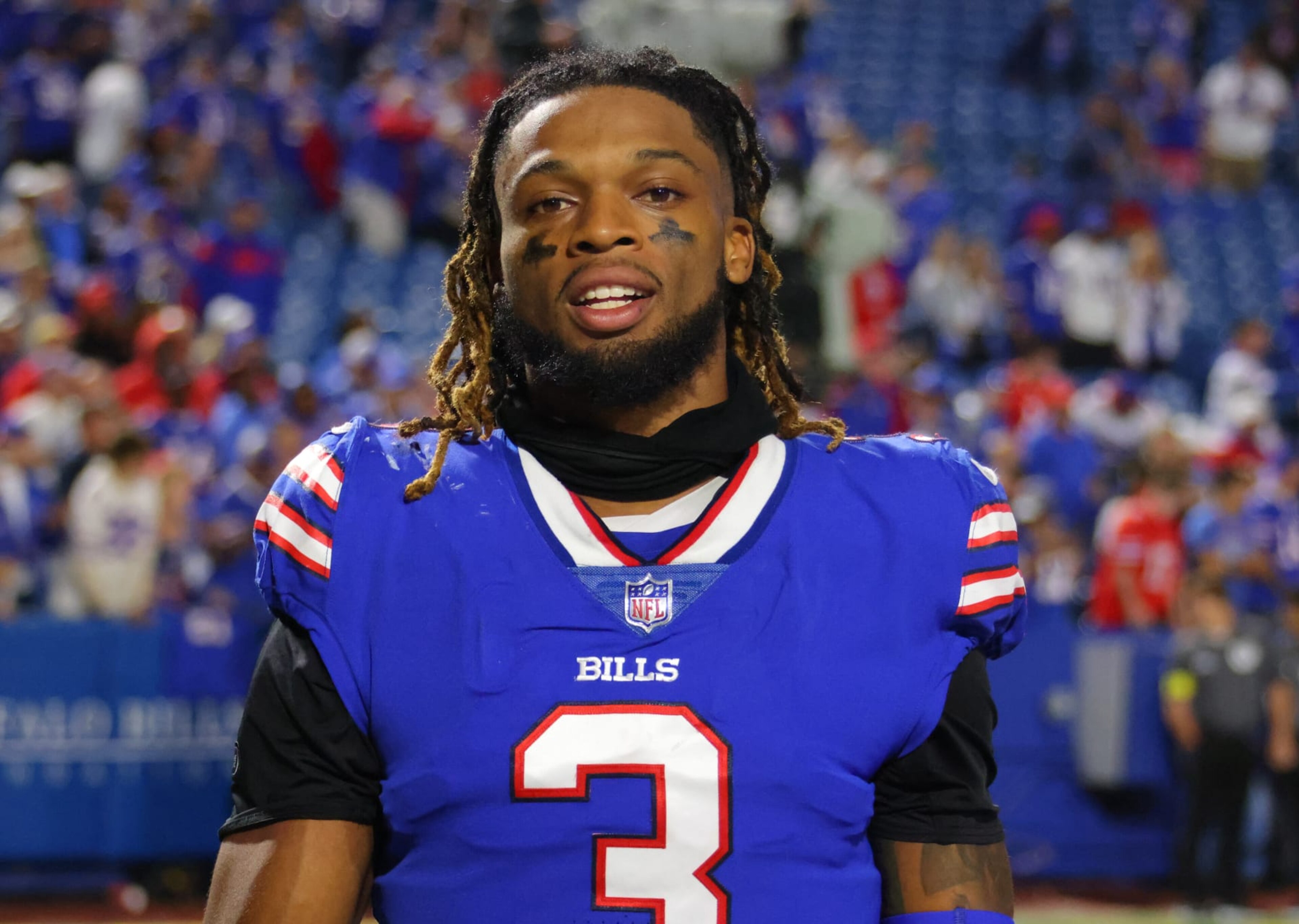 ORCHARD PARK, NY - SEPTEMBER 19: Damar Hamlin #3 of the Buffalo Bills after a game against the Tennessee Titans at Highmark Stadium on September 19, 2022 in Orchard Park, New York. (Photo by Timothy T Ludwig/Getty Images) ORCHARD PARK, NY - SEPTEMBER 19: Damar Hamlin #3 of the Buffalo Bills after a game against the Tennessee Titans at Highmark Stadium on September 19, 2022 in Orchard Park, New York. (Photo by Timothy T Ludwig/Getty Images)