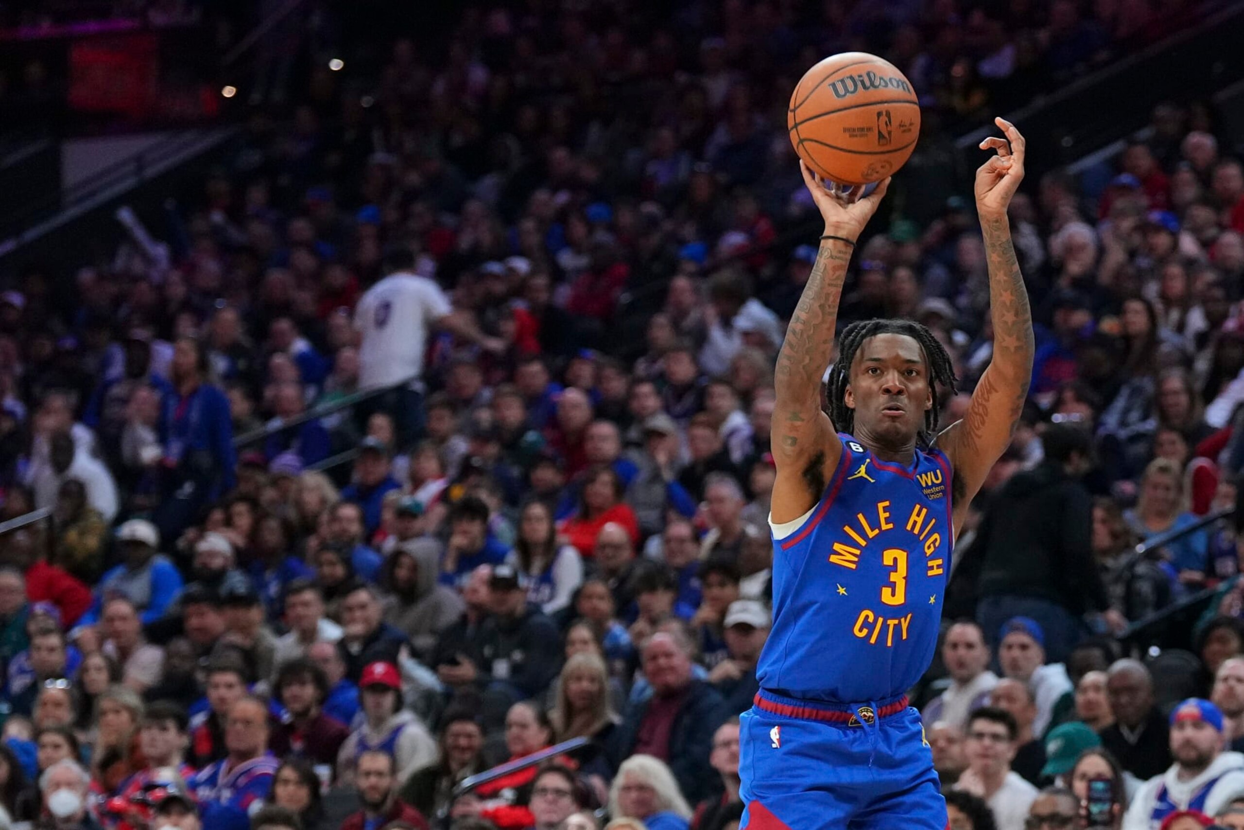 PHILADELPHIA, PA - JANUARY 28: Bones Hyland #3 of the Denver Nuggets shoots the ball against the Philadelphia 76ers at the Wells Fargo Center on January 28, 2023 in Philadelphia, Pennsylvania. NOTE TO USER: User expressly acknowledges and agrees that, by downloading and or using this photograph, User is consenting to the terms and conditions of the Getty Images License Agreement. (Photo by Mitchell Leff/Getty Images)