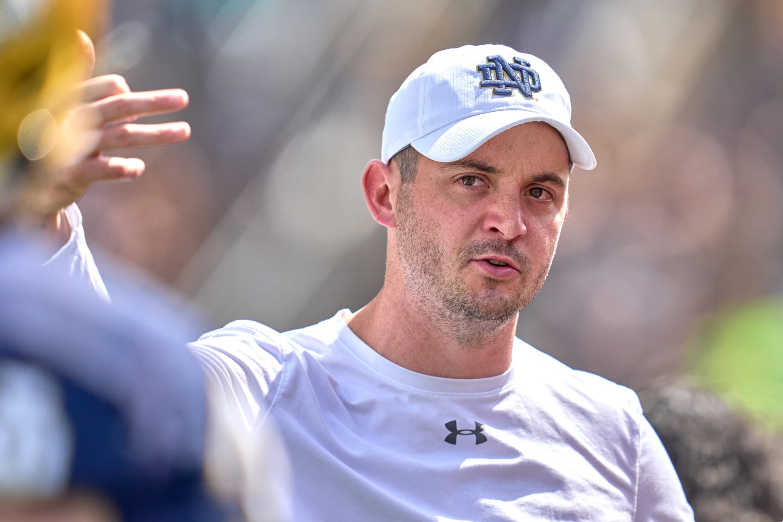 SOUTH BEND, IN - APRIL 23: Notre Dame Fighting Irish offensive coordinator Tommy Rees looks on during the Notre Dame Blue-Gold Spring Football Game on April 23, 2022 at Notre Dame Stadium in South Bend, IN. (Photo by Robin Alam/Icon Sportswire via Getty Images)