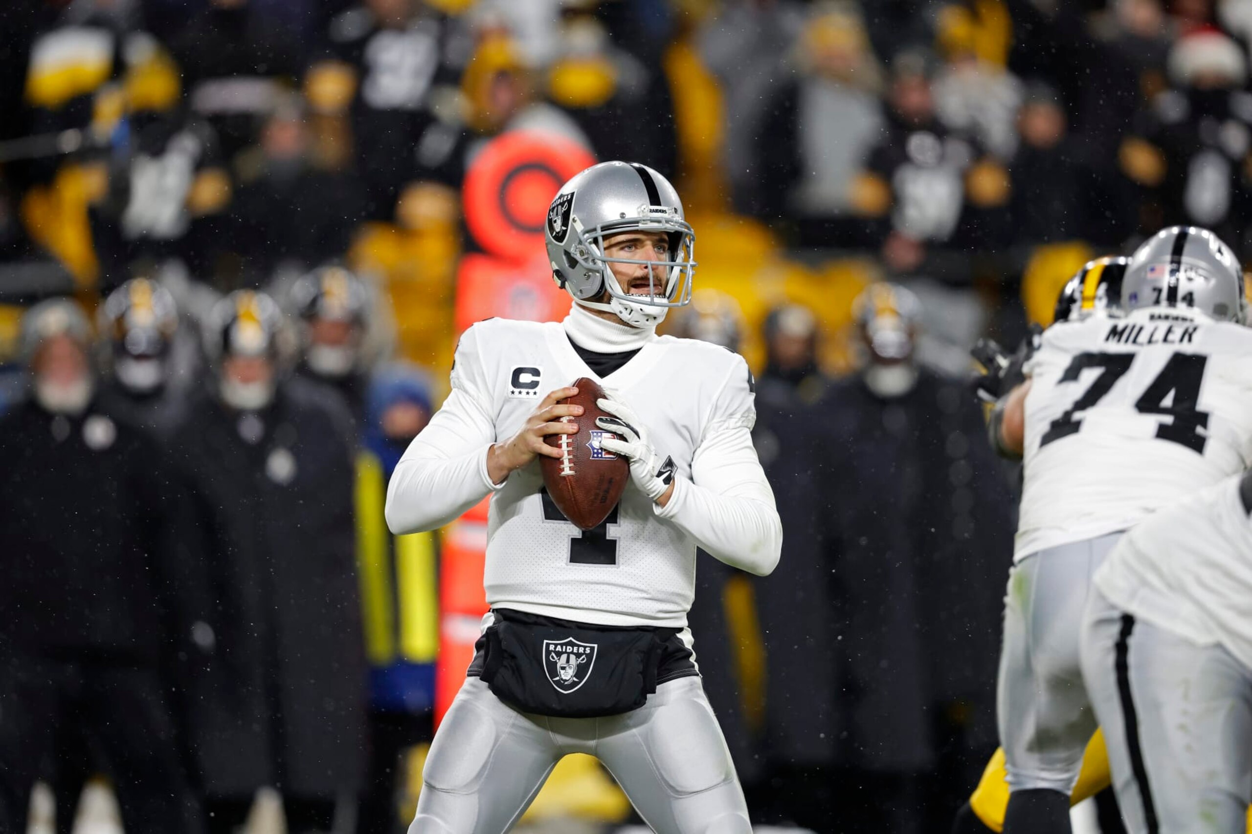 Las Vegas Raiders quarterback Derek Carr (4) during an NFL football game against the Pittsburgh Steelers, Sunday, Dec. 24, 2022, in Pittsburgh. (AP Photo/Tyler Kaufman)