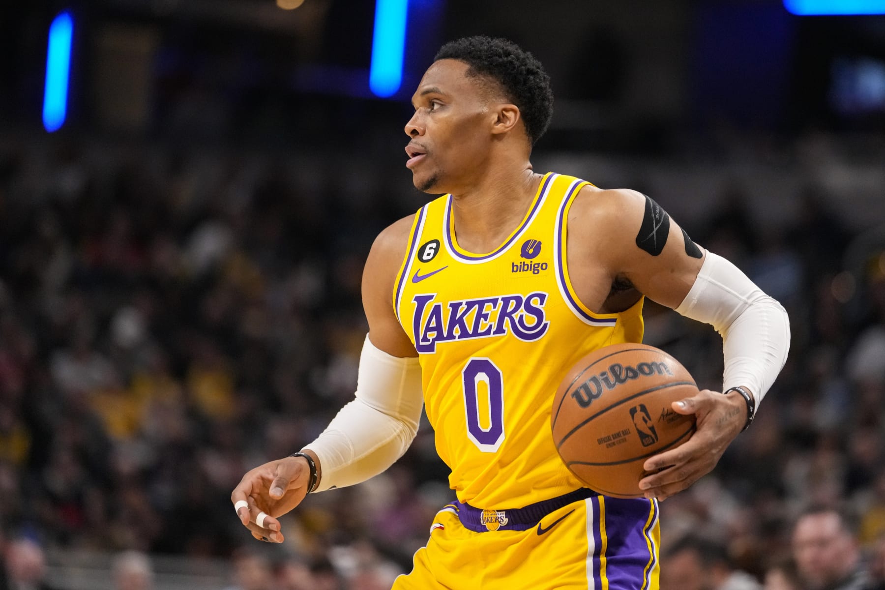 Los Angeles Lakers guard Russell Westbrook (0) plays against the Indiana Pacers during the first half of an NBA basketball game in Indianapolis, Thursday, Feb. 2, 2023. (AP Photo/Michael Conroy)