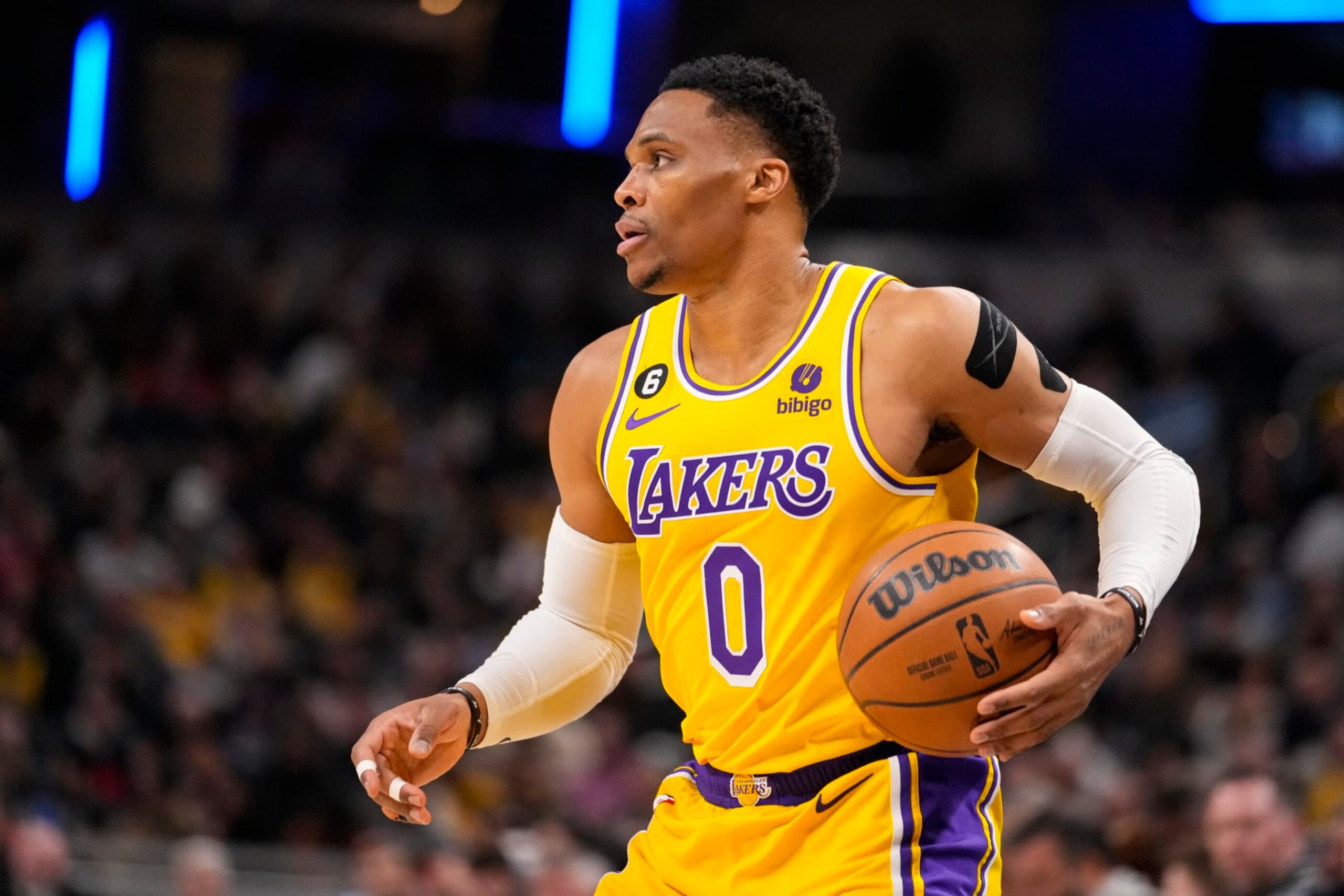 Los Angeles Lakers guard Russell Westbrook (0) plays against the Indiana Pacers during the first half of an NBA basketball game in Indianapolis, Thursday, Feb. 2, 2023. (AP Photo/Michael Conroy)