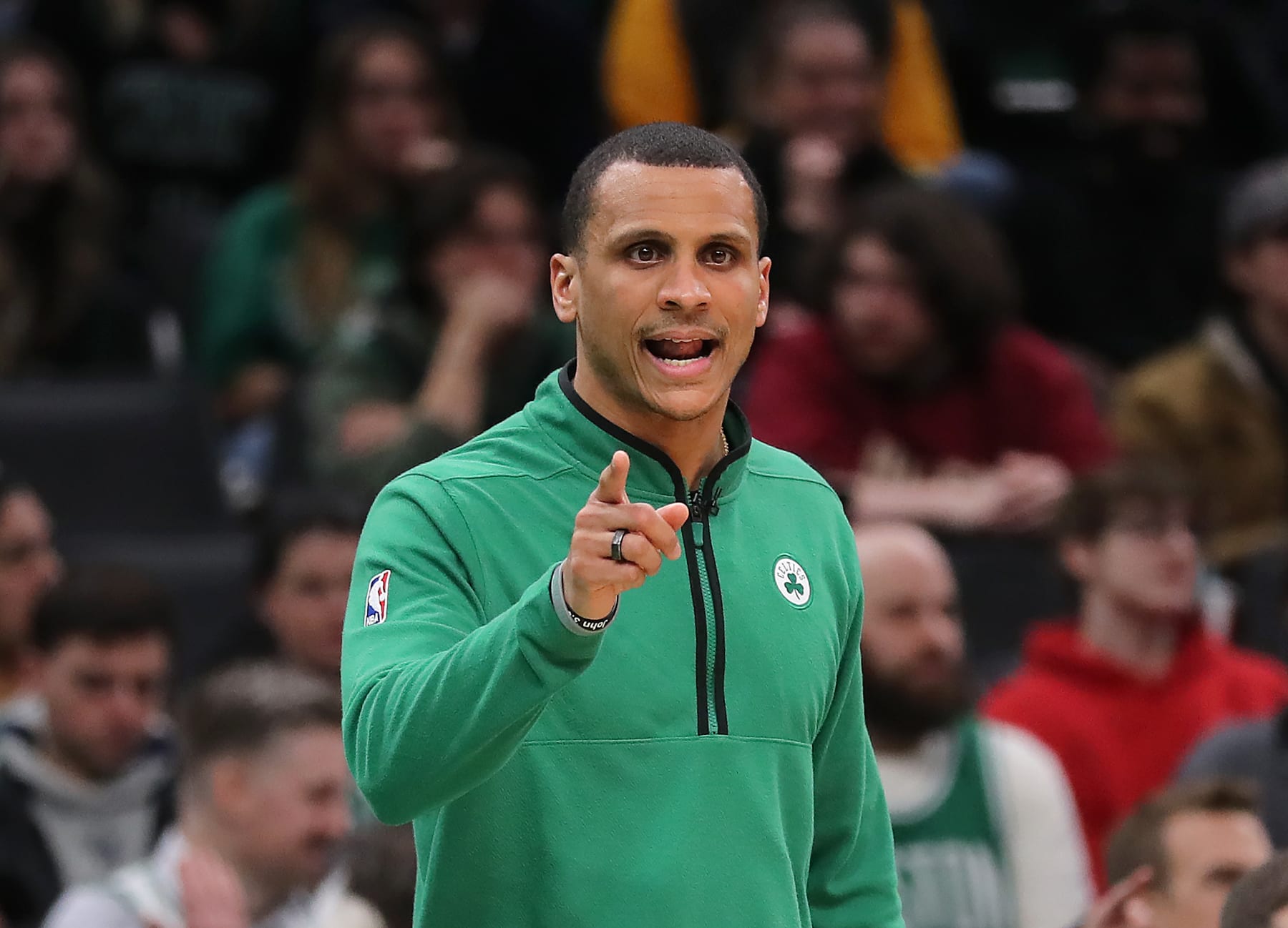 Boston, MA - January 26: Boston Celtics interim head coach Joe Mazzulla points something out in the third quarter. The Celtics lost to the New York Knicks, 120-117, in overtime. (Photo by John Tlumacki/The Boston Globe via Getty Images)