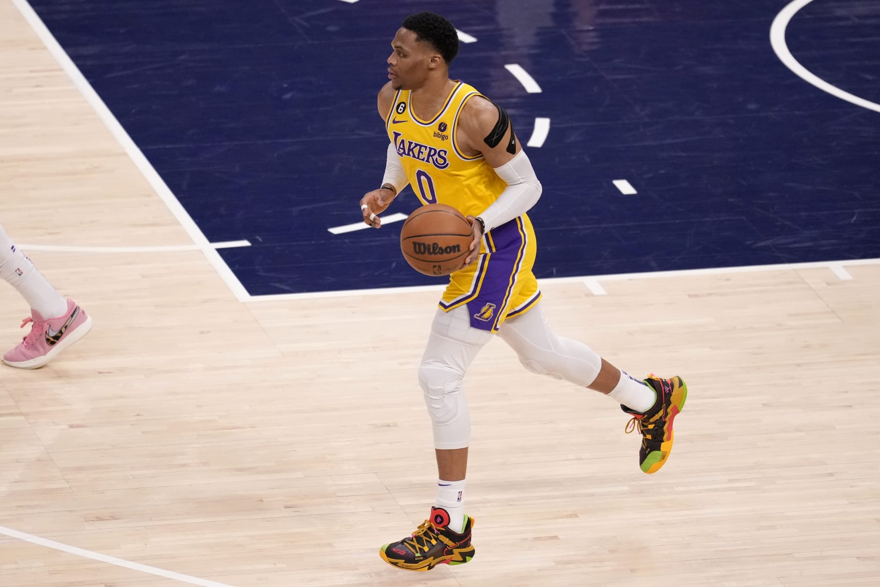 INDIANAPOLIS, IN - FEBRUARY 2: Russell Westbrook #0 of the Los Angeles Lakers dribbles the ball during the game against the Indiana Pacers on February 2, 2023 at Gainbridge Fieldhouse in Indianapolis, Indiana. NOTE TO USER: User expressly acknowledges and agrees that, by downloading and or using this Photograph, user is consenting to the terms and conditions of the Getty Images License Agreement. Mandatory Copyright Notice: Copyright 2023 NBAE (Photo by A.J. Mast/NBAE via Getty Images)