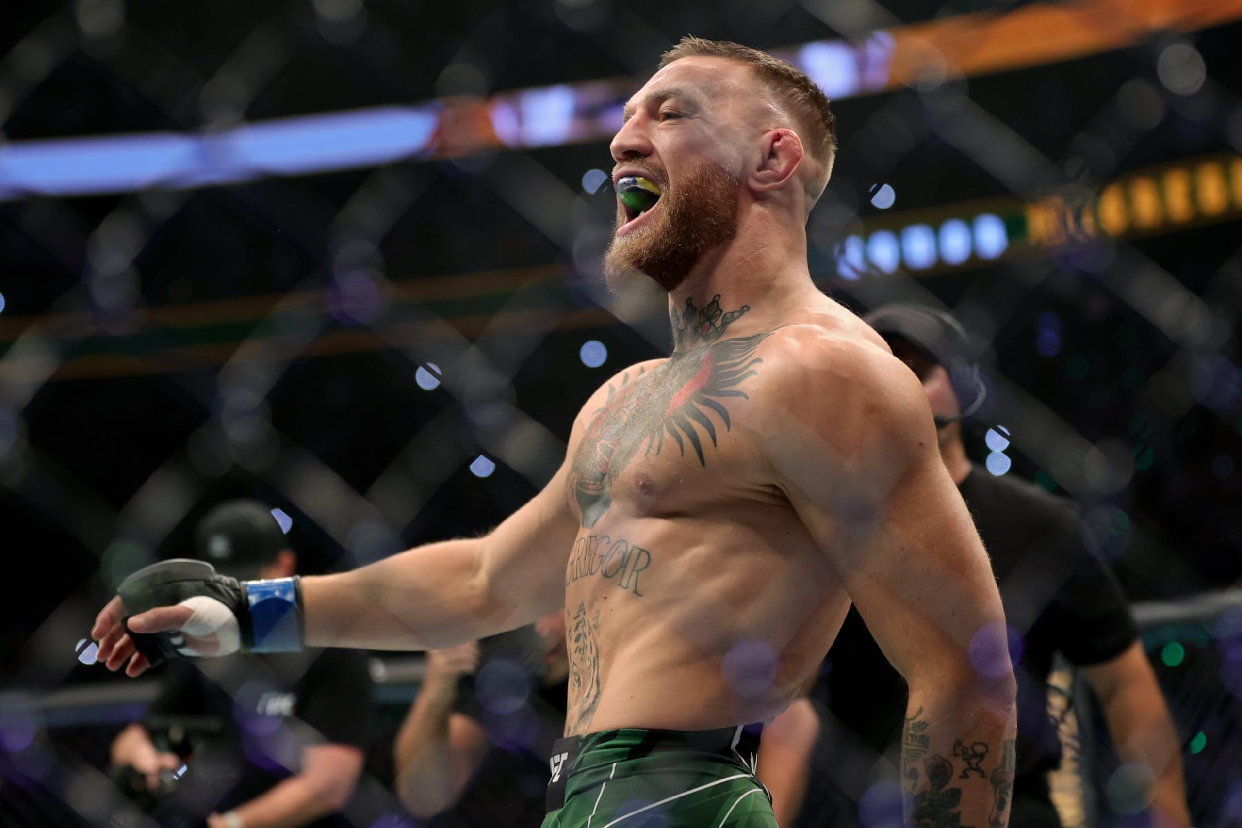 LAS VEGAS, NEVADA - JULY 10: Conor McGregor of Ireland walks in the octagon before his lightweight bought against Dustin Poirier during UFC 264: Poirier v McGregor 3 at T-Mobile Arena on July 10, 2021 in Las Vegas, Nevada. (Photo by Stacy Revere/Getty Images)