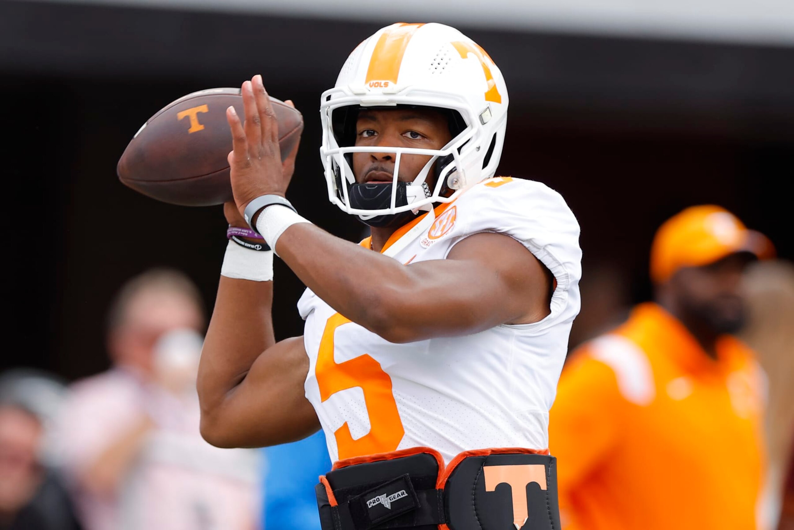 ATHENS, GA - NOVEMBER 05: Hendon Hooker #5 of the Tennessee Volunteers warms up prior to the game against the Georgia Bulldogs at Sanford Stadium on November 5, 2022 in Athens, Georgia. (Photo by Todd Kirkland/Getty Images)