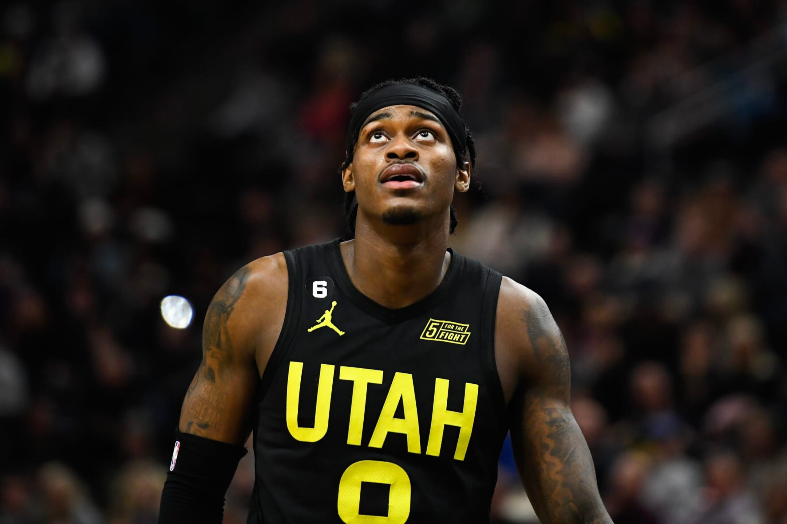 SALT LAKE CITY, UTAH - FEBRUARY 01: Jarred Vanderbilt #8 of the Utah Jazz reacts during the second half of a game against the Toronto Raptors at Vivint Arena on February 01, 2023 in Salt Lake City, Utah. NOTE TO USER: User expressly acknowledges and agrees that, by downloading and or using this photograph, User is consenting to the terms and conditions of the Getty Images License Agreement.  (Photo by Alex Goodlett/Getty Images)