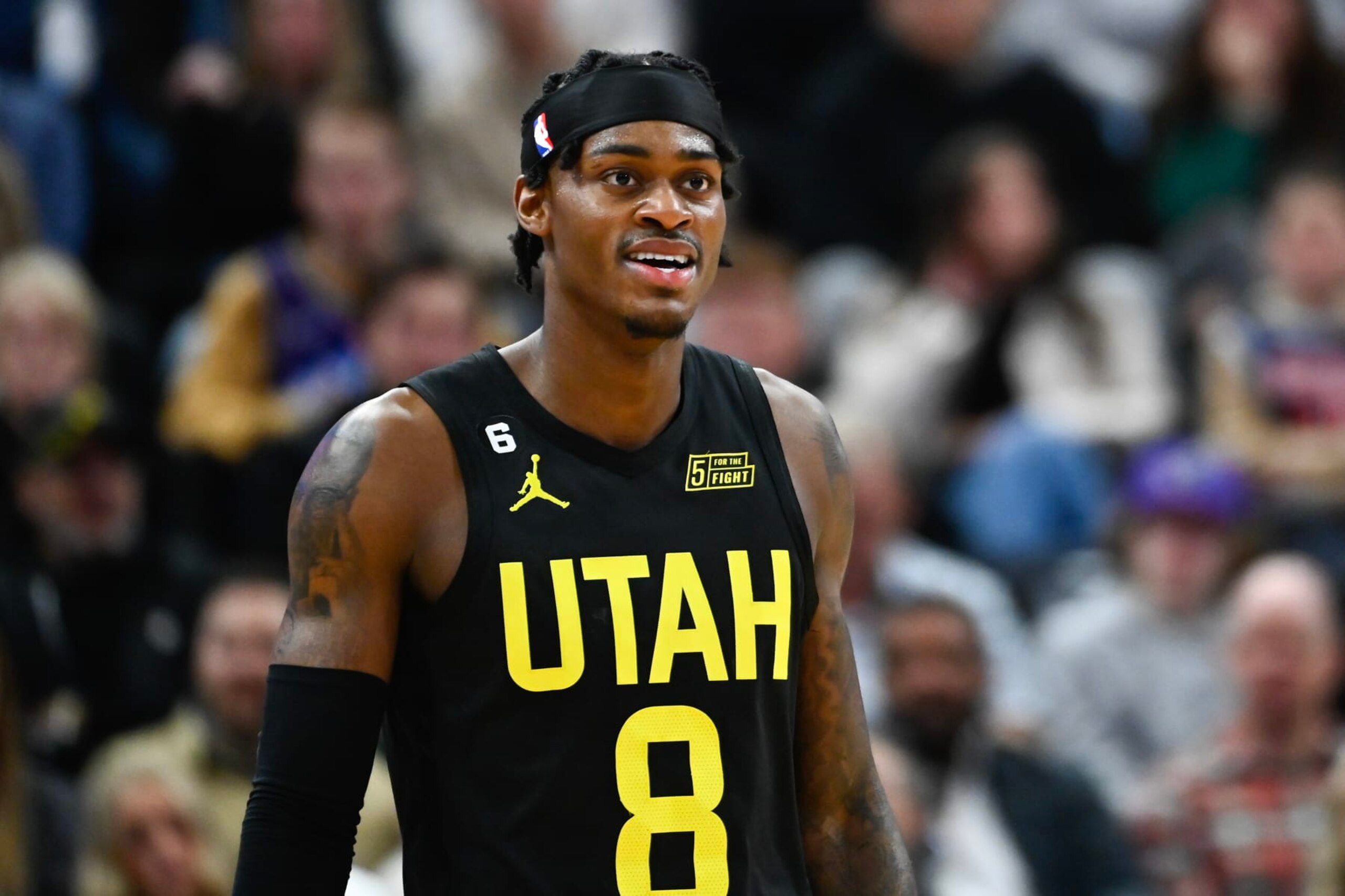 SALT LAKE CITY, UTAH - JANUARY 20: Jarred Vanderbilt #8 of the Utah Jazz in action during the first half of a game against the Brooklyn Nets at Vivint Arena on January 20, 2023 in Salt Lake City, Utah. NOTE TO USER: User expressly acknowledges and agrees that, by downloading and or using this photograph, User is consenting to the terms and conditions of the Getty Images License Agreement. (Photo by Alex Goodlett/Getty Images) SALT LAKE CITY, UTAH - JANUARY 20: Jarred Vanderbilt #8 of the Utah Jazz in action during the first half of a game against the Brooklyn Nets at Vivint Arena on January 20, 2023 in Salt Lake City, Utah. NOTE TO USER: User expressly acknowledges and agrees that, by downloading and or using this photograph, User is consenting to the terms and conditions of the Getty Images License Agreement. (Photo by Alex Goodlett/Getty Images)