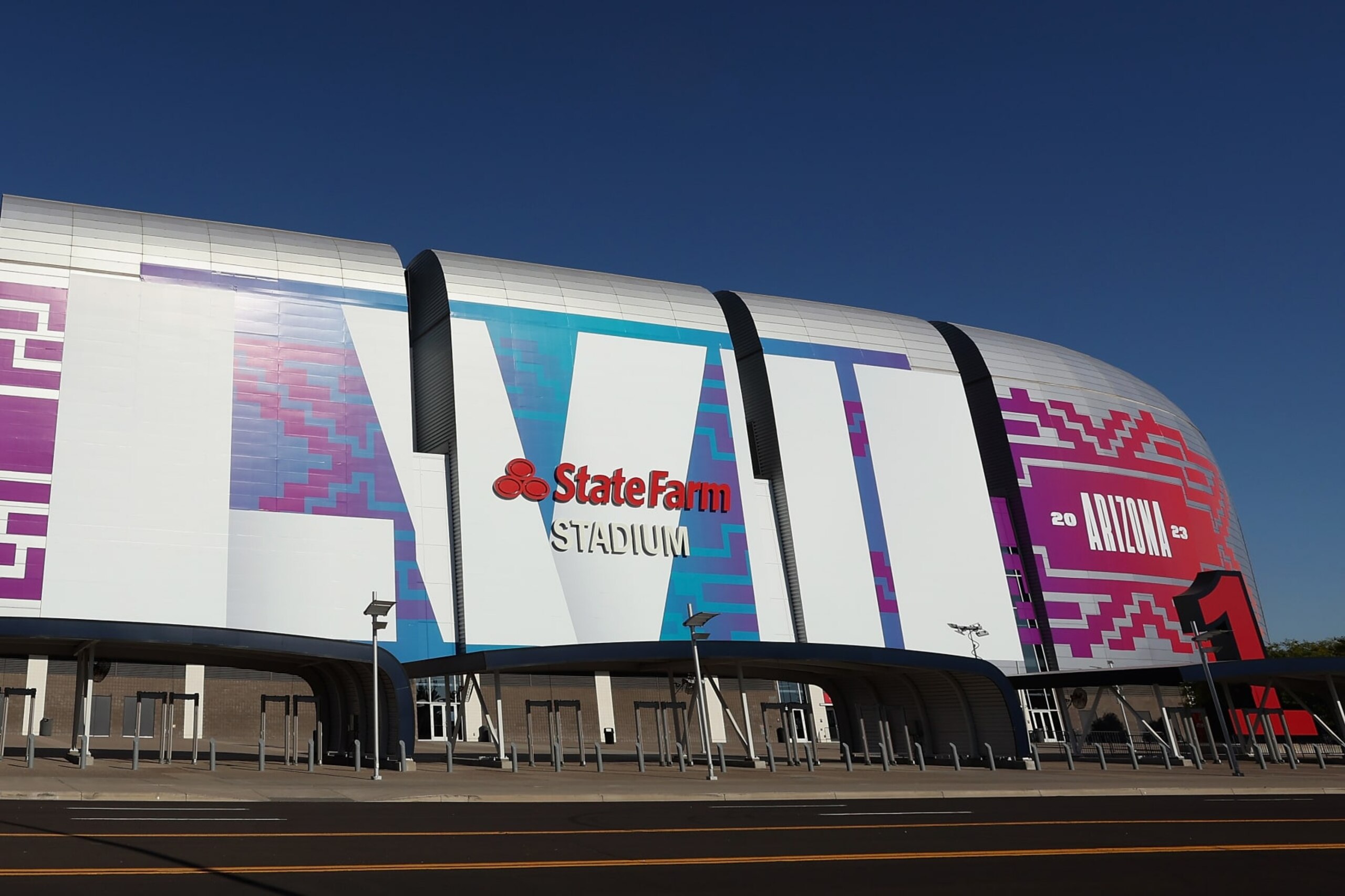 GLENDALE, ARIZONA - JANUARY 28: General view of State Farm Stadium on January 28, 2023 in Glendale, Arizona. State Farm Stadium will host the NFL Super Bowl LVII on February 12. (Photo by Christian Petersen/Getty Images) GLENDALE, ARIZONA - JANUARY 28: General view of State Farm Stadium on January 28, 2023 in Glendale, Arizona. State Farm Stadium will host the NFL Super Bowl LVII on February 12. (Photo by Christian Petersen/Getty Images)