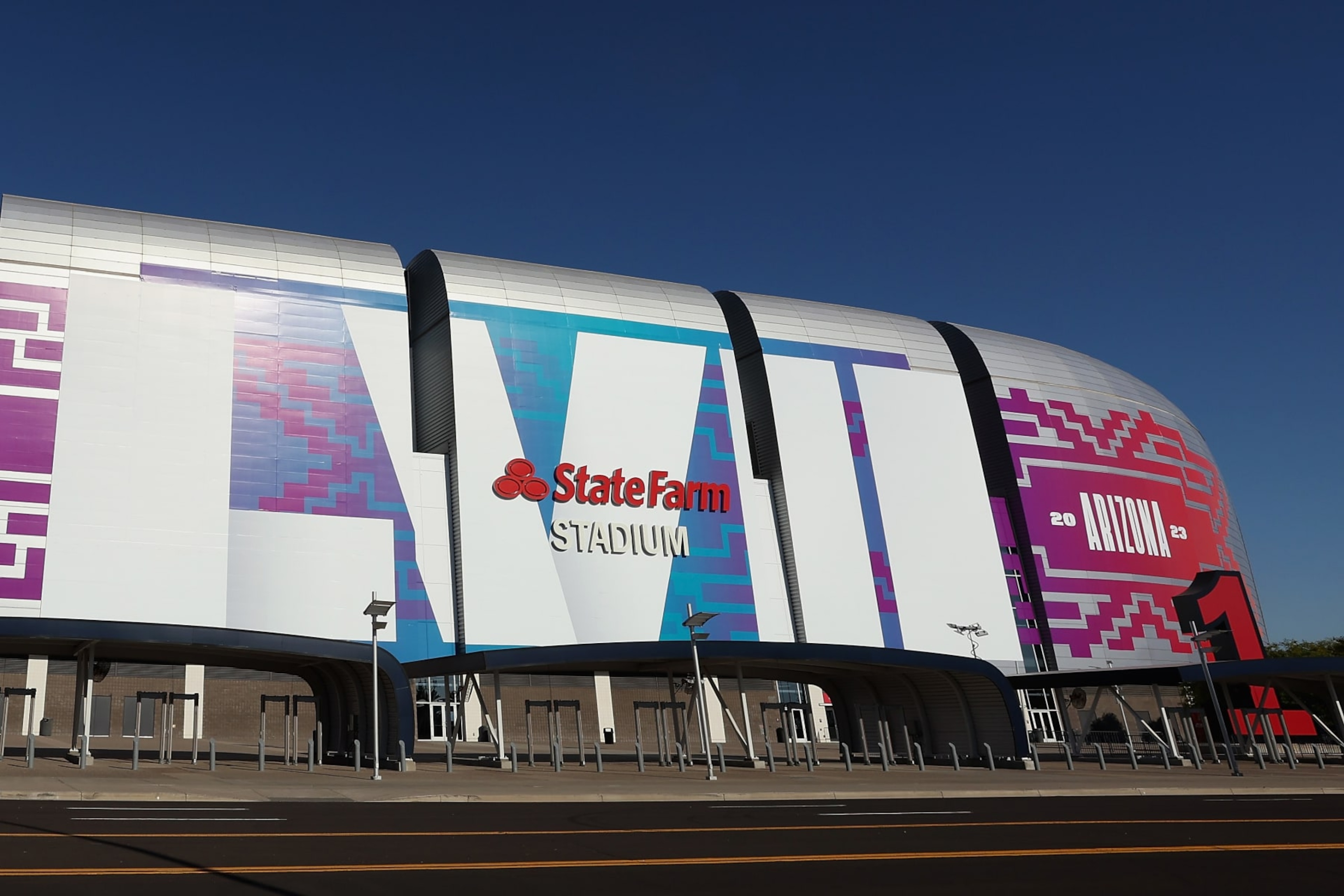 GLENDALE, ARIZONA - JANUARY 28: General view of State Farm Stadium on January 28, 2023 in Glendale, Arizona.  State Farm Stadium will host the NFL Super Bowl LVII on February 12.  (Photo by Christian Petersen/Getty Images)