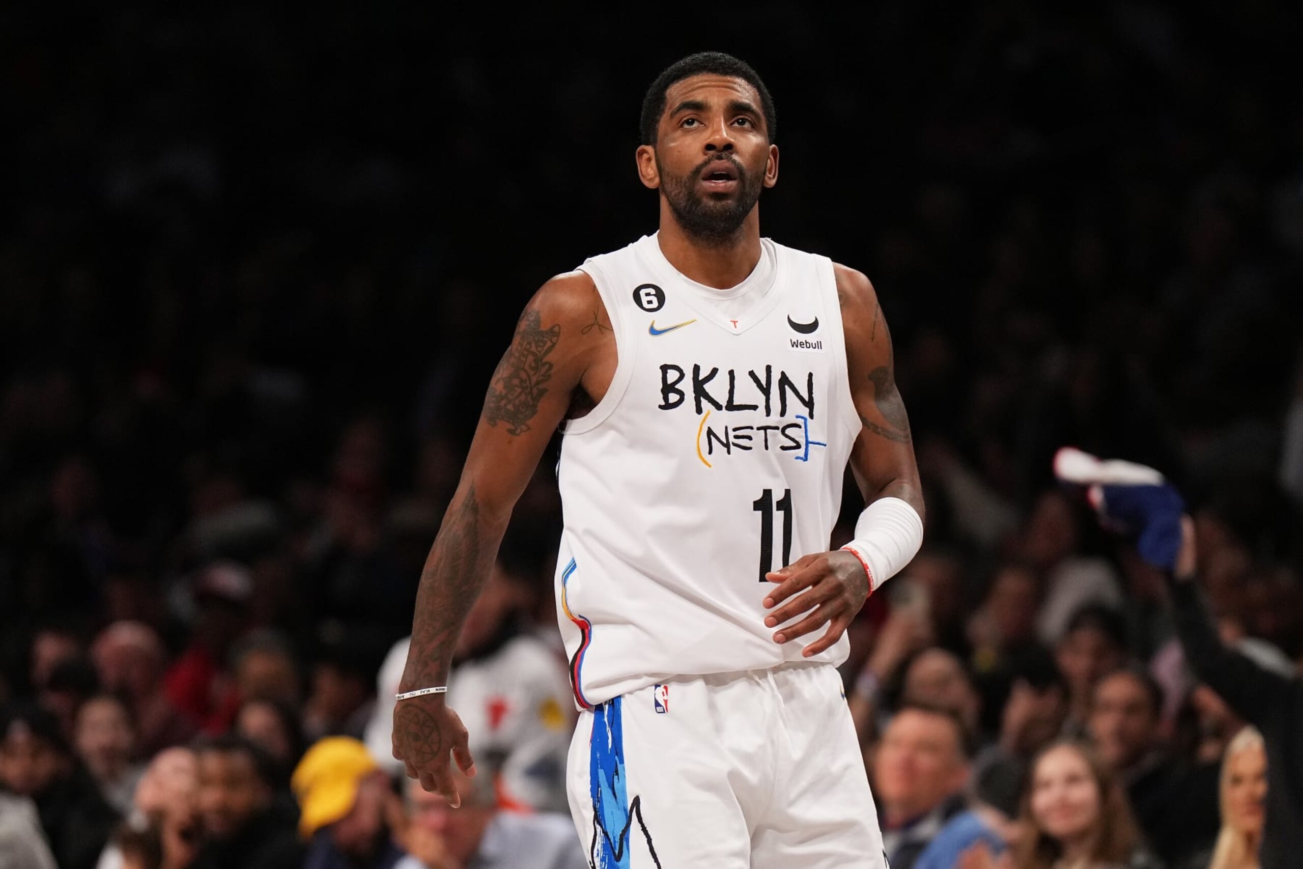 NEW YORK, NEW YORK - JANUARY 26: Kyrie Irving #11 of the Brooklyn Nets in action against the Detroit Pistons at Barclays Center on January 26, 2023 in New York City. NOTE TO USER: User expressly acknowledges and agrees that, by downloading and or using this Photograph, user is consenting to the terms and conditions of the Getty Images License Agreement. Detroit Pistons defeated the Brooklyn Nets 130-122. (Photo by Mike Stobe/Getty Images)