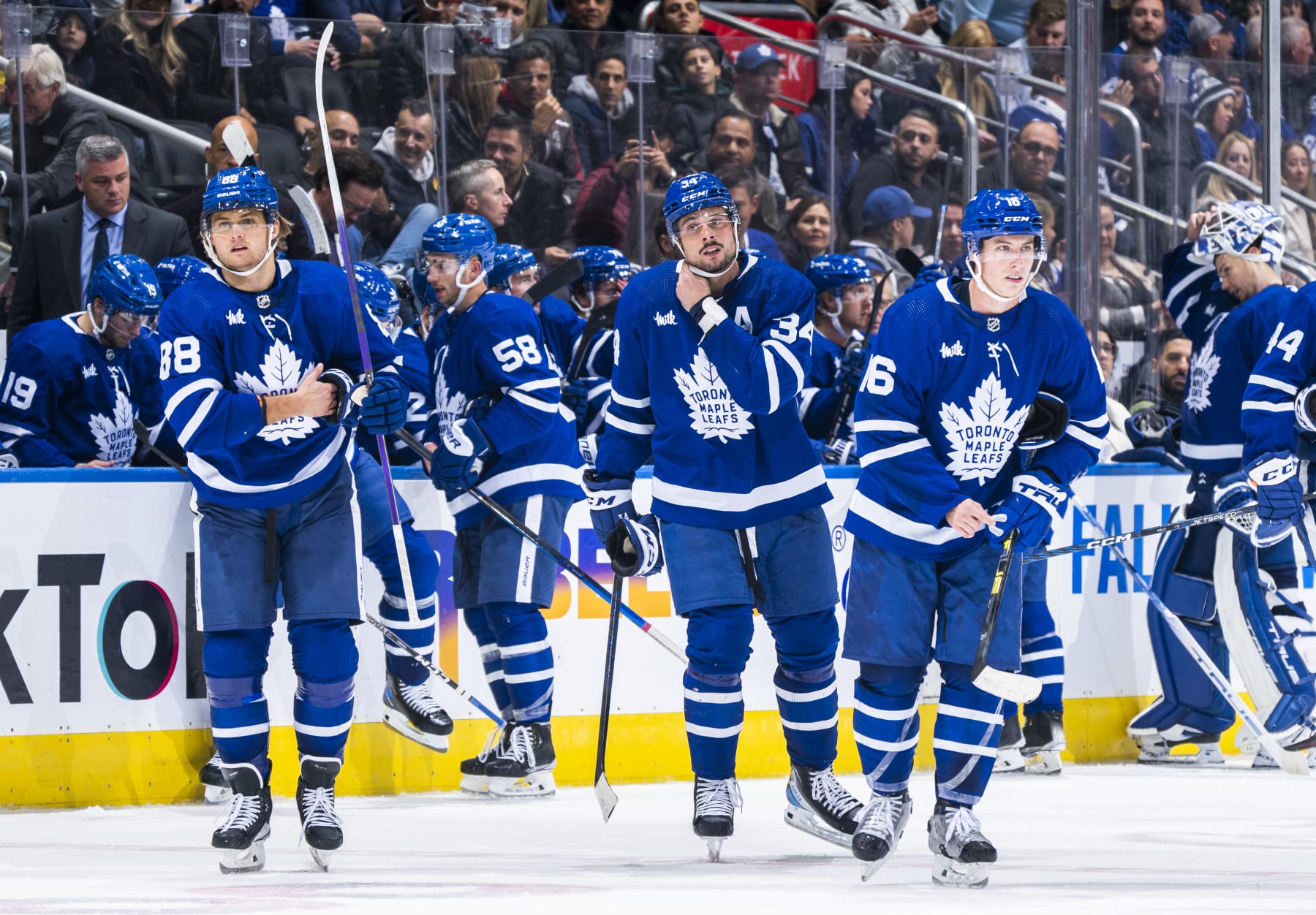 TORONTO, ON - OCTOBER 20: Auston Matthews #34, Mitchell Marner #16, and William Nylander #88 of the Toronto Maple Leafs take the ice against the Dallas Stars during the third period at the Scotiabank Arena on October 20, 2022 in Toronto, Ontario, Canada. (Photo by Mark Blinch/NHLI via Getty Images)