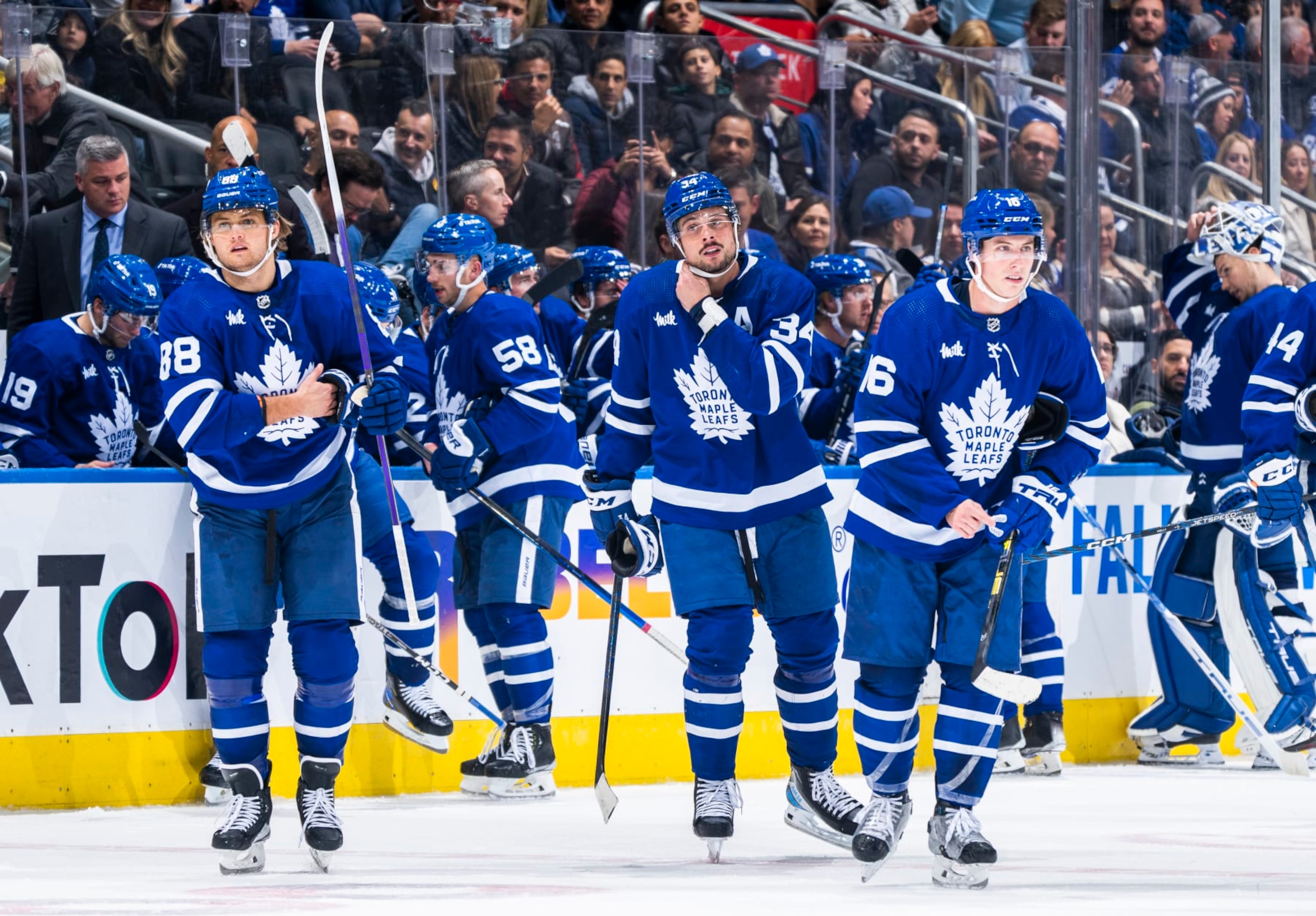 TORONTO, ON - OCTOBER 20: Auston Matthews #34, Mitchell Marner #16, and William Nylander #88 of the Toronto Maple Leafs take the ice against the Dallas Stars during the third period at the Scotiabank Arena on October 20, 2022 in Toronto, Ontario, Canada. (Photo by Mark Blinch/NHLI via Getty Images)