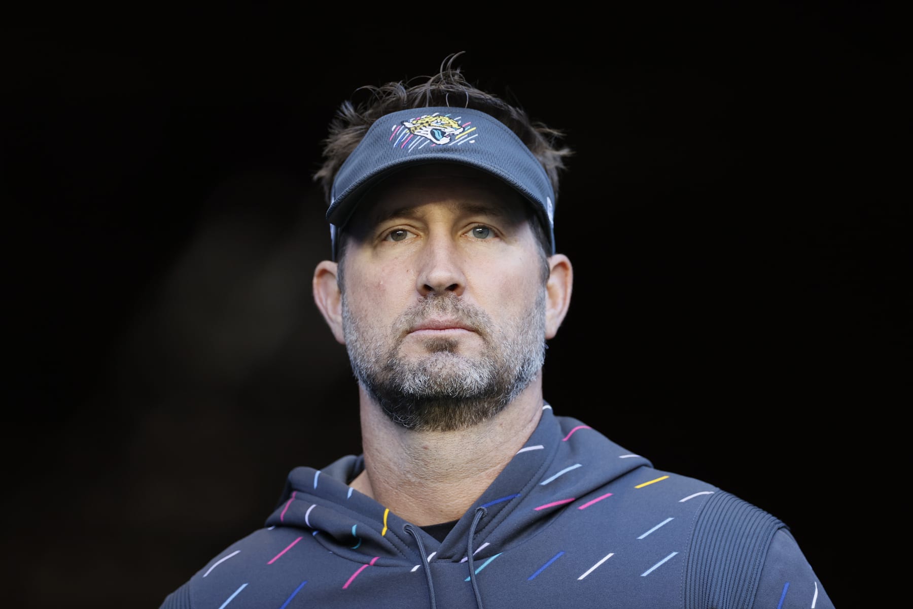 SEATTLE, WASHINGTON - OCTOBER 31: Passing game coordinator Brian Schottenheimer of the Jacksonville Jaguars looks on before the game against the Seattle Seahawks at Lumen Field on October 31, 2021 in Seattle, Washington. (Photo by Steph Chambers/Getty Images)