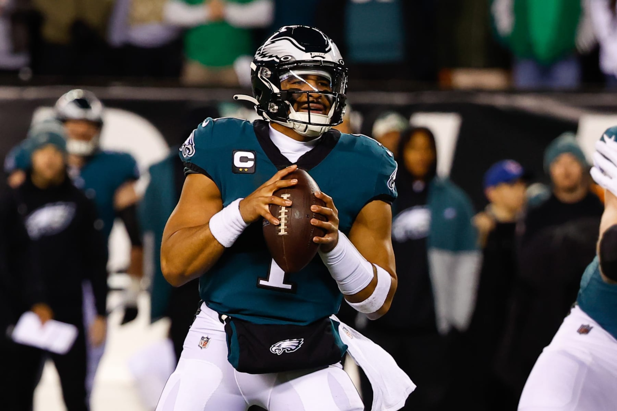 PHILADELPHIA, PA - JANUARY 21:  Philadelphia Eagles quarterback Jalen Hurts (1) during the NFC Divisional playoff game between the Philadelphia Eagles and the New York Giants on January 21, 2023 at Lincoln Financial Field in Philadelphia, Pennsylvania.  (Photo by Rich Graessle/Icon Sportswire via Getty Images)