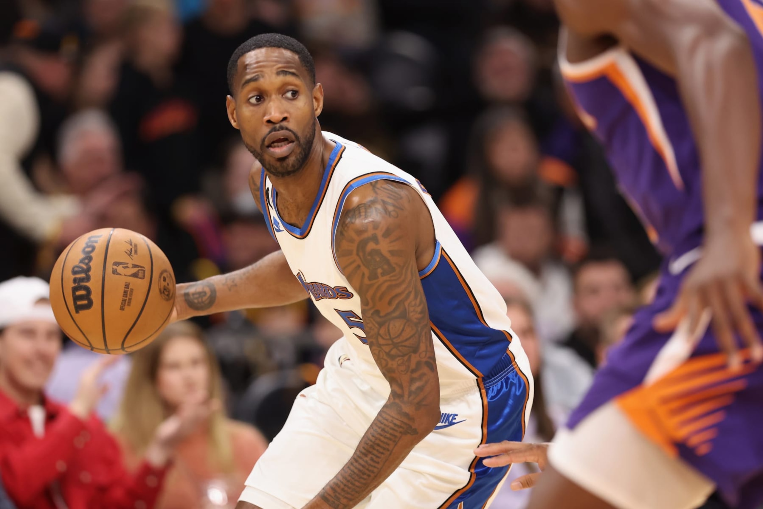 PHOENIX, ARIZONA - DECEMBER 20: Will Barton #5 of the Washington Wizards handles the ball during the second half of the NBA game at Footprint Center on December 20, 2022 in Phoenix, Arizona. The Wizards defeated the Suns 113-110. NOTE TO USER: User expressly acknowledges and agrees that, by downloading and or using this photograph, User is consenting to the terms and conditions of the Getty Images License Agreement. (Photo by Christian Petersen/Getty Images) PHOENIX, ARIZONA - DECEMBER 20: Will Barton #5 of the Washington Wizards handles the ball during the second half of the NBA game at Footprint Center on December 20, 2022 in Phoenix, Arizona. The Wizards defeated the Suns 113-110. NOTE TO USER: User expressly acknowledges and agrees that, by downloading and or using this photograph, User is consenting to the terms and conditions of the Getty Images License Agreement. (Photo by Christian Petersen/Getty Images)