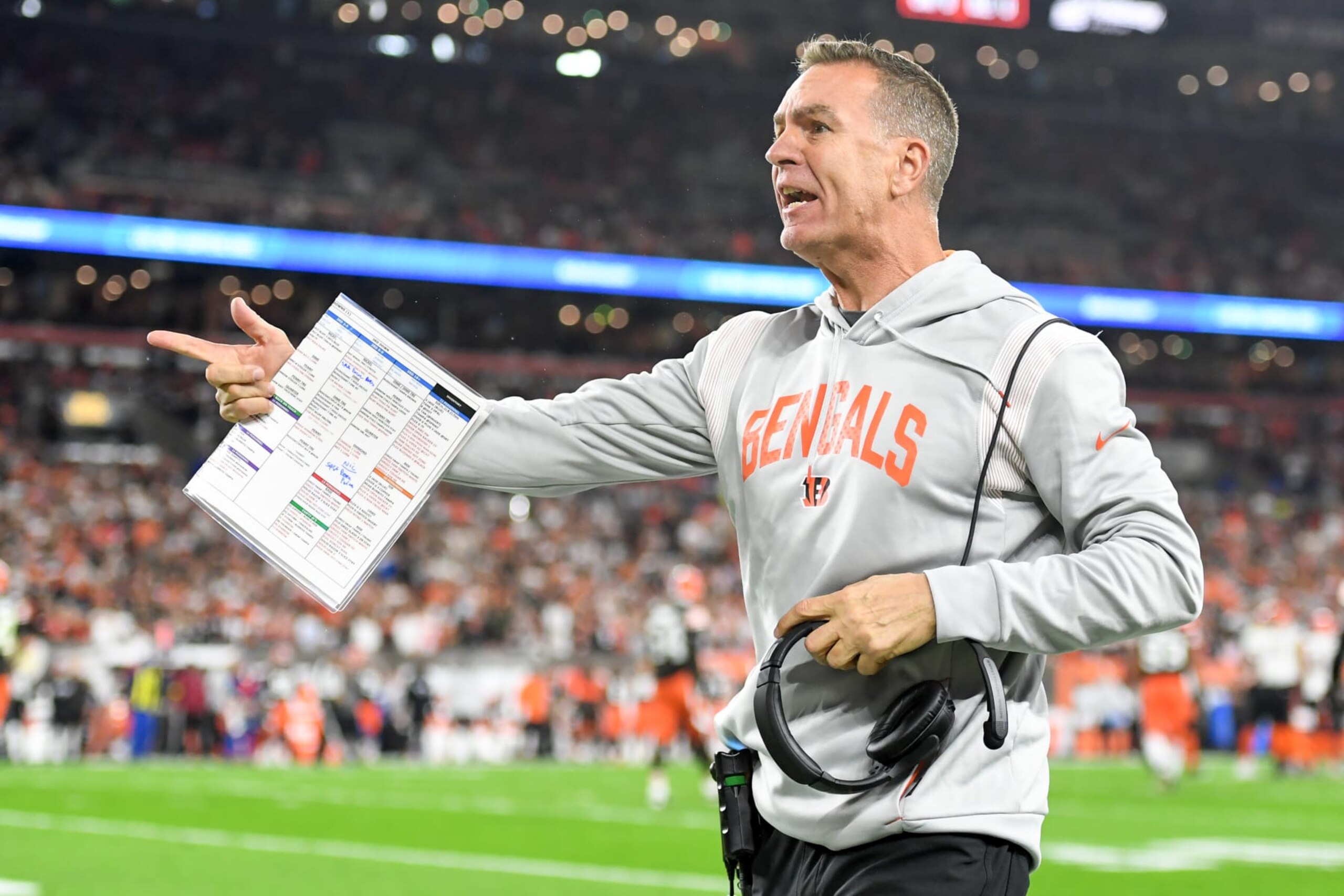 CLEVELAND, OHIO - OCTOBER 31: Defensive coordinator Lou Anarumo of the Cincinnati Bengals argues a call during the first half against the Cleveland Browns at FirstEnergy Stadium on October 31, 2022 in Cleveland, Ohio. (Photo by Nick Cammett/Diamond Images via Getty Images)
