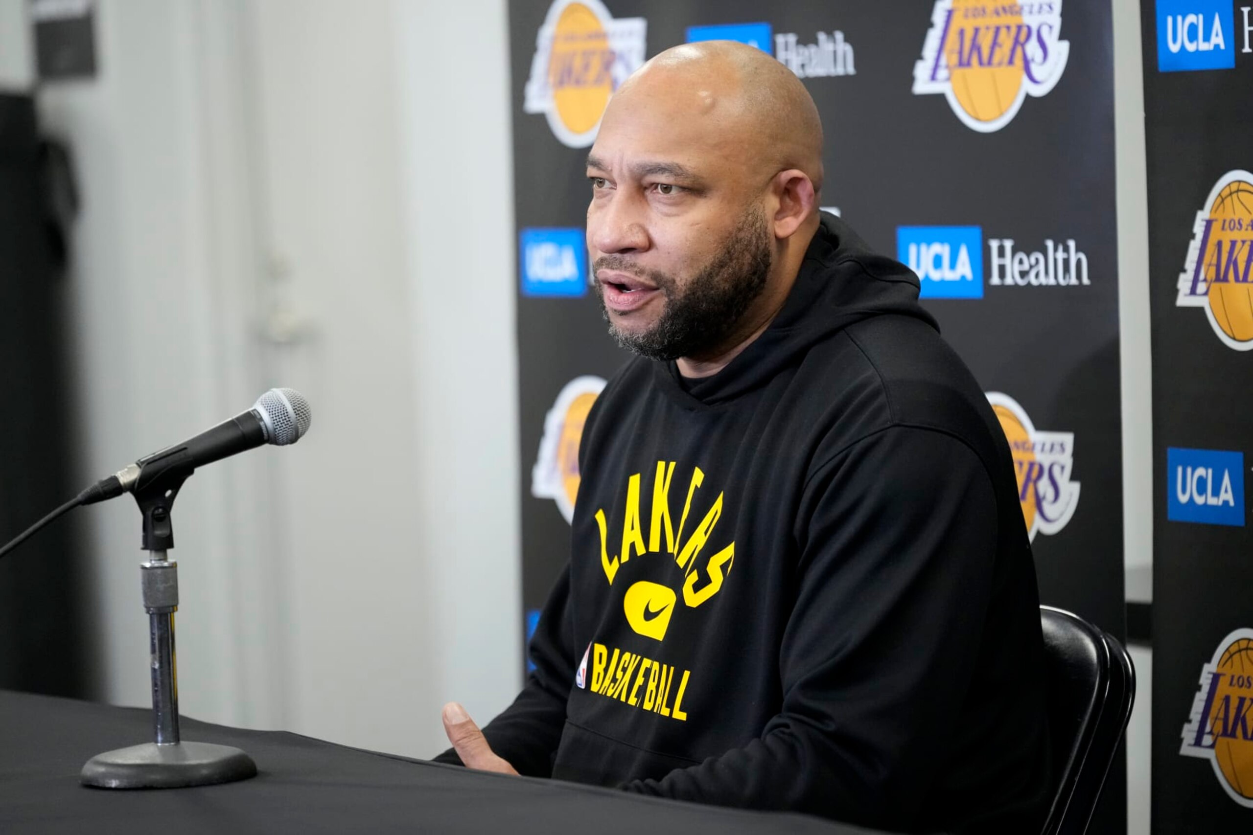 INDIANAPOLIS, IN - FEBRUARY 2: Head Coach Darvin Ham of the Los Angeles Lakers talks to the press before the game against the Indiana Pacers on February 2, 2023 at Gainbridge Fieldhouse in Indianapolis, Indiana. NOTE TO USER: User expressly acknowledges and agrees that, by downloading and or using this Photograph, user is consenting to the terms and conditions of the Getty Images License Agreement. Mandatory Copyright Notice: Copyright 2023 NBAE (Photo by A.J. Mast/NBAE via Getty Images) INDIANAPOLIS, IN - FEBRUARY 2: Head Coach Darvin Ham of the Los Angeles Lakers talks to the press before the game against the Indiana Pacers on February 2, 2023 at Gainbridge Fieldhouse in Indianapolis, Indiana. NOTE TO USER: User expressly acknowledges and agrees that, by downloading and or using this Photograph, user is consenting to the terms and conditions of the Getty Images License Agreement. Mandatory Copyright Notice: Copyright 2023 NBAE (Photo by A.J. Mast/NBAE via Getty Images)