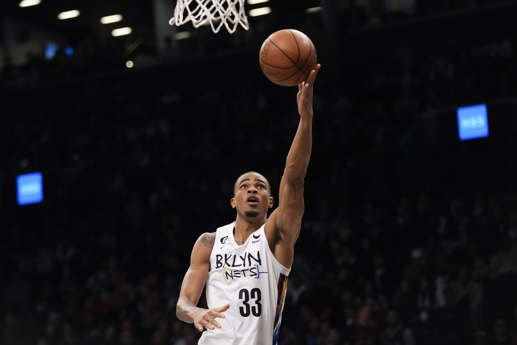 Brooklyn Nets center Nic Claxton goes to the basket during the second half of an NBA basketball game against the New York Knicks, Saturday, Jan. 28, 2023, in New York. The Nets won 122-115. (AP Photo/Mary Altaffer)