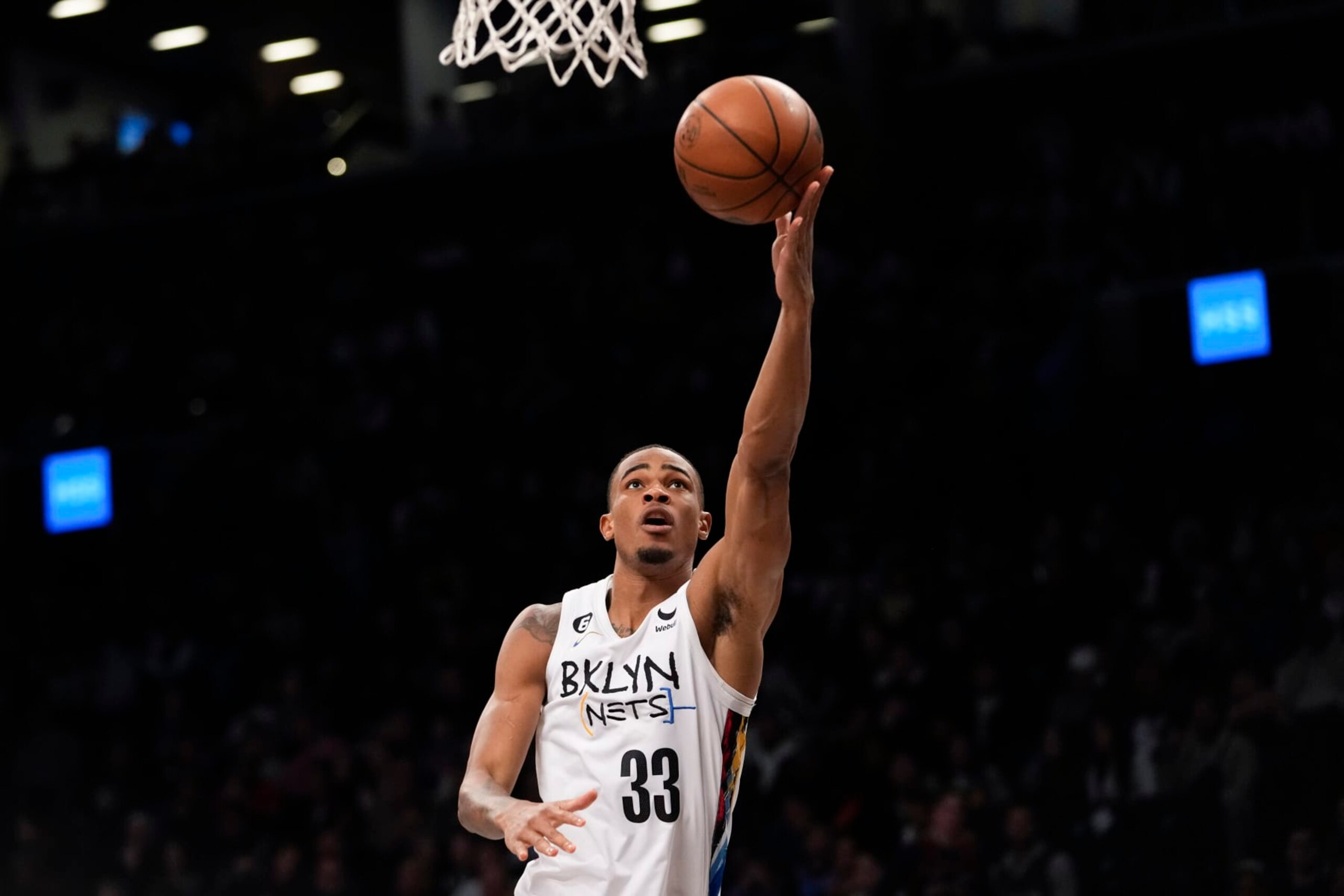 Brooklyn Nets center Nic Claxton goes to the basket during the second half of an NBA basketball game against the New York Knicks, Saturday, Jan. 28, 2023, in New York. The Nets won 122-115. (AP Photo/Mary Altaffer)