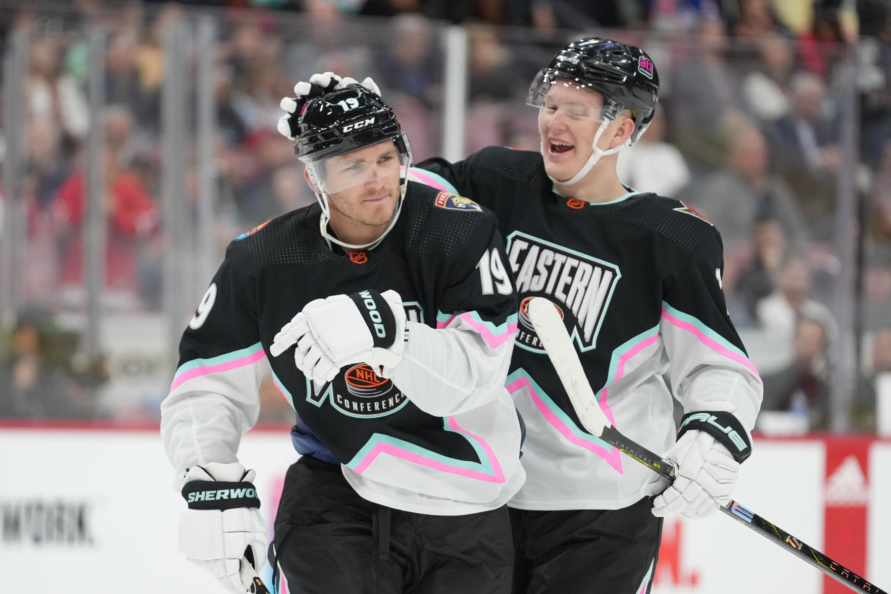 SUNRISE, FL - FEBRUARY 04: Atlantic Mitchell Mamer (TOR) (19) gets a pat pin the helmet from Atlantic Brady Tkachuk (OTT) (7) following his goal during game two of the Honda NHL All-Star Game between the Metro and Atlantic Divisions on Saturday, February 4, 2023 at FLA Live Arena, Sunrise, Fla. (Photo by Peter Joneleit/Icon Sportswire via Getty Images)