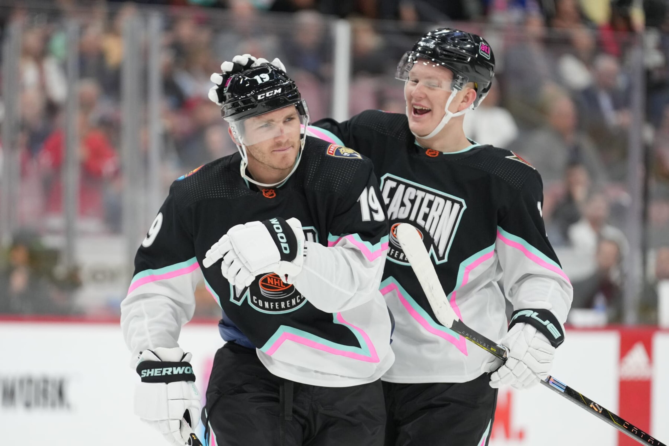 SUNRISE, FL - FEBRUARY 04: Atlantic Mitchell Mamer (TOR) (19) gets a pat pin the helmet from Atlantic Brady Tkachuk (OTT) (7) following his goal during game two of the Honda NHL All-Star Game between the Metro and Atlantic Divisions on Saturday, February 4, 2023 at FLA Live Arena, Sunrise, Fla. (Photo by Peter Joneleit/Icon Sportswire via Getty Images)
