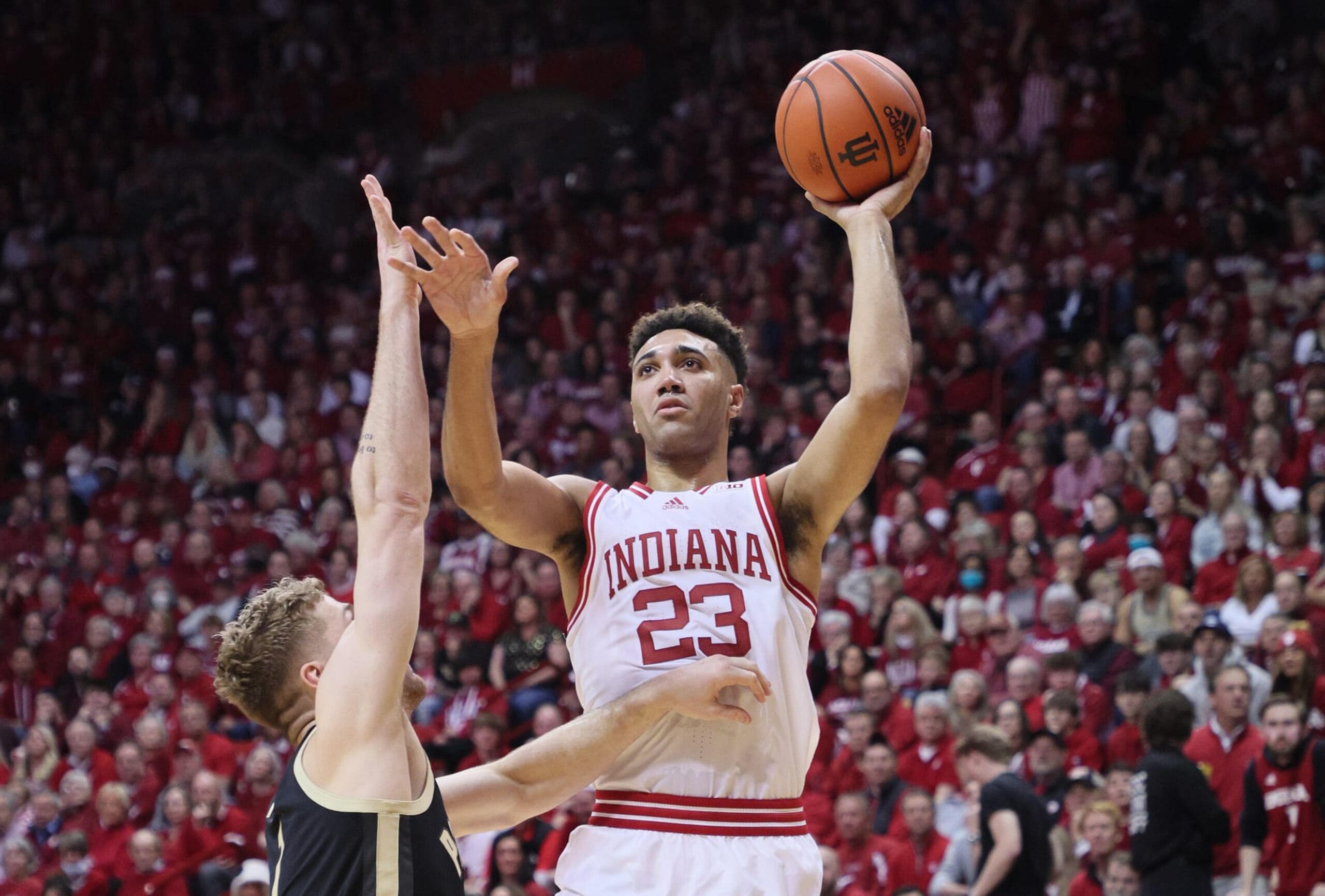 BLOOMINGTON, INDIANA - FEBRUARY 04: Trayce Jackson-Davis #23 of the Indiana Hoosiers against the Purdue Boilermakers at Simon Skjodt Assembly Hall on February 04, 2023 in Bloomington, Indiana. (Photo by Andy Lyons/Getty Images)