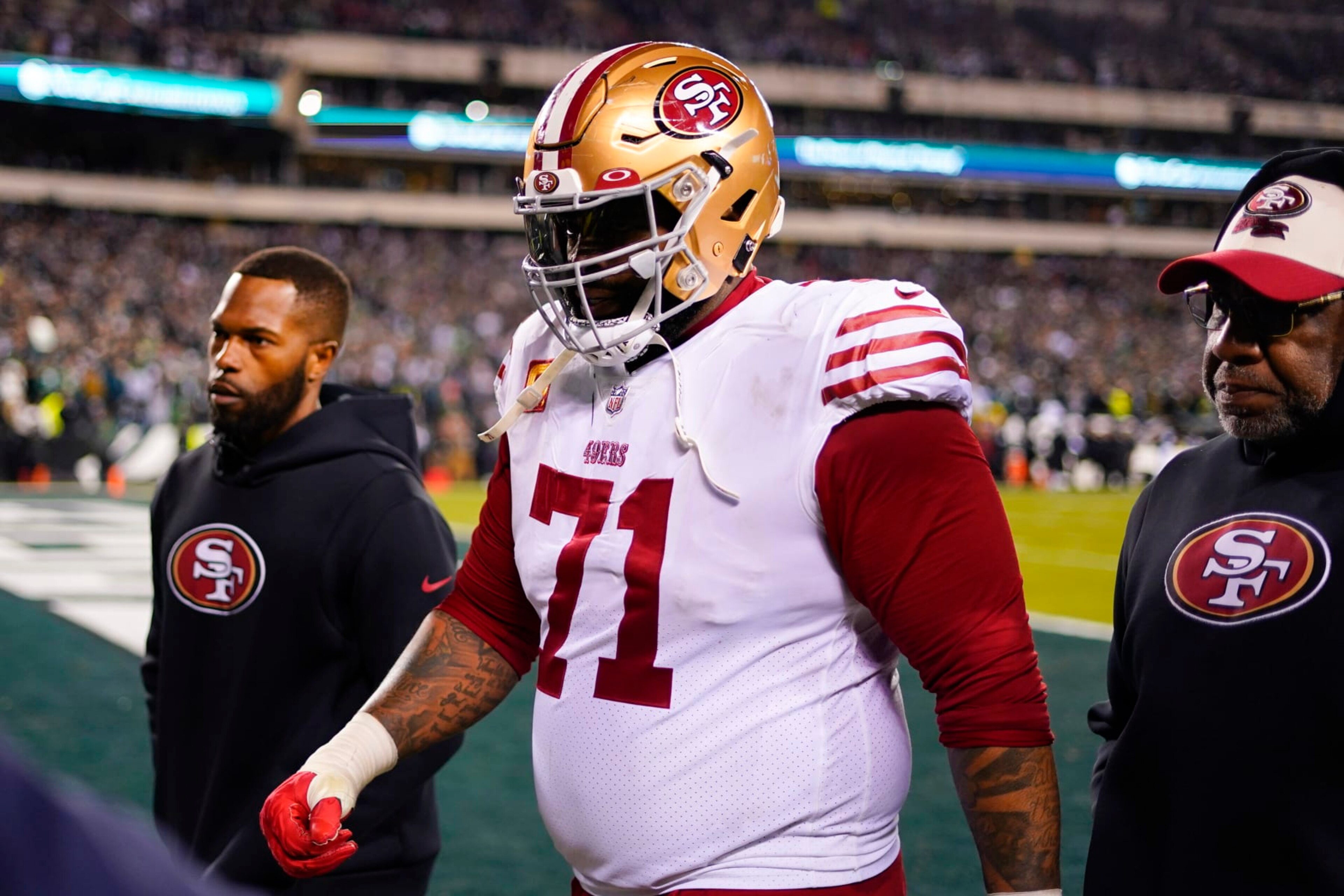 San Francisco 49ers offensive tackle Trent Williams leaves the field after being ejected in the NFC Championship NFL football game between the Philadelphia Eagles and the San Francisco 49ers on Sunday, Jan. 29, 2023, in Philadelphia. The Eagles won 31-7. (AP Photo/Matt Rourke) San Francisco 49ers offensive tackle Trent Williams leaves the field after being ejected in the NFC Championship NFL football game between the Philadelphia Eagles and the San Francisco 49ers on Sunday, Jan. 29, 2023, in Philadelphia. The Eagles won 31-7. (AP Photo/Matt Rourke)
