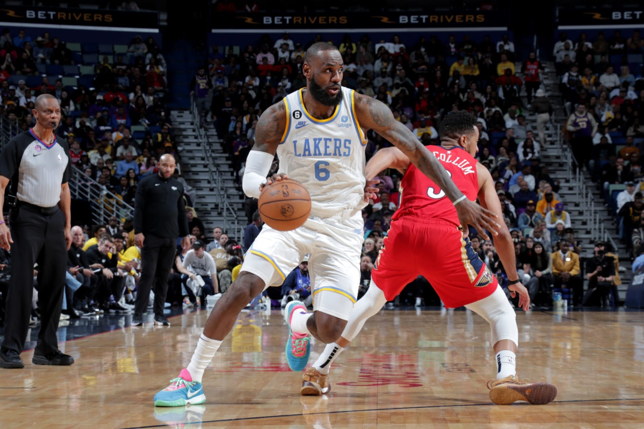 NEW ORLEANS, LA - FEBRUARY 4: LeBron James #6 of the Los Angeles Lakers dribbles the ball against the New Orleans Pelicans on February 4, 2023 at the Smoothie King Center in New Orleans, Louisiana. NOTE TO USER: User expressly acknowledges and agrees that, by downloading and or using this Photograph, user is consenting to the terms and conditions of the Getty Images License Agreement. Mandatory Copyright Notice: Copyright 2023 NBAE (Photo by Layne Murdoch Jr./NBAE via Getty Images)