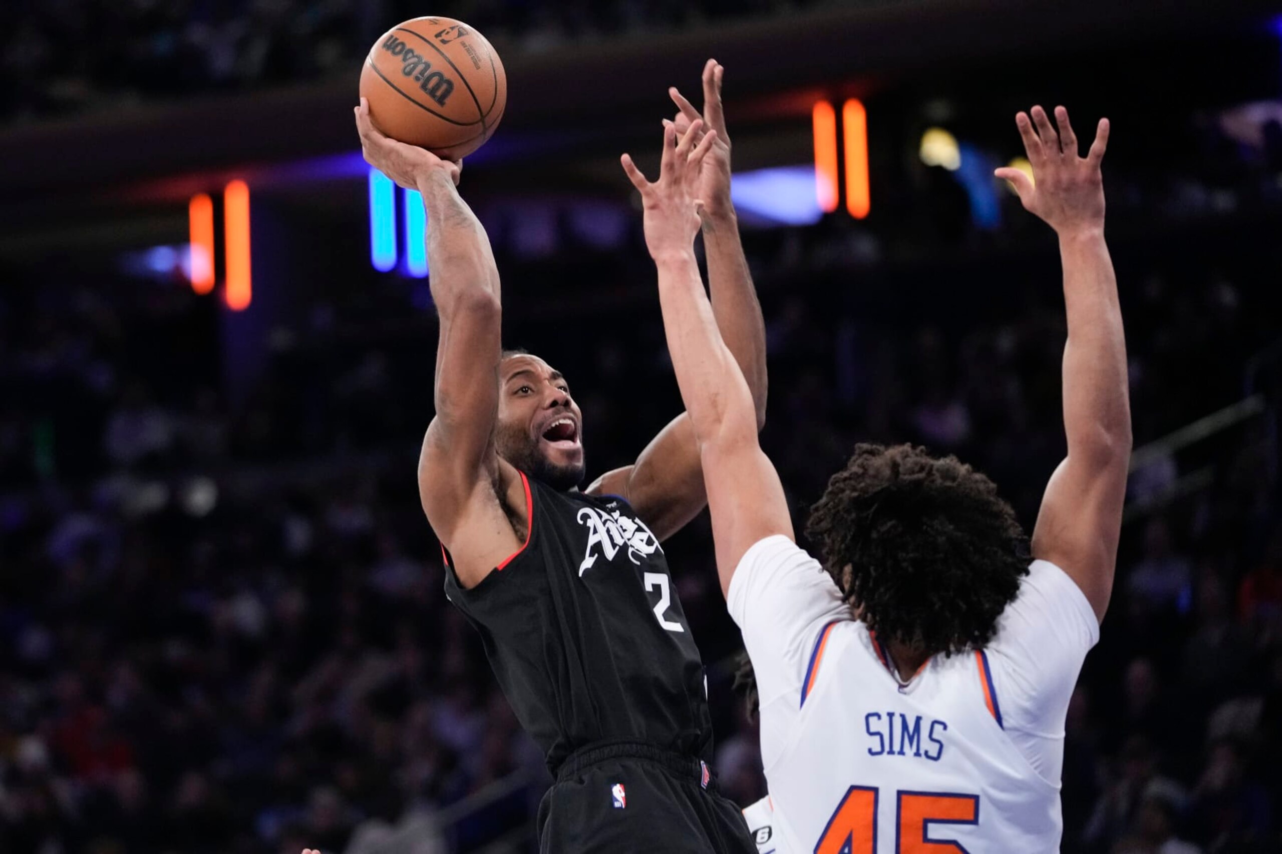 Los Angeles Clippers forward Kawhi Leonard (2) goes to the basket against New York Knicks center Jericho Sims in the second half of an NBA basketball game, Saturday, Feb. 4, 2023, at Madison Square Garden in New York. The Clippers won 134-128. (AP Photo/Mary Altaffer) Los Angeles Clippers forward Kawhi Leonard (2) goes to the basket against New York Knicks center Jericho Sims in the second half of an NBA basketball game, Saturday, Feb. 4, 2023, at Madison Square Garden in New York. The Clippers won 134-128. (AP Photo/Mary Altaffer)