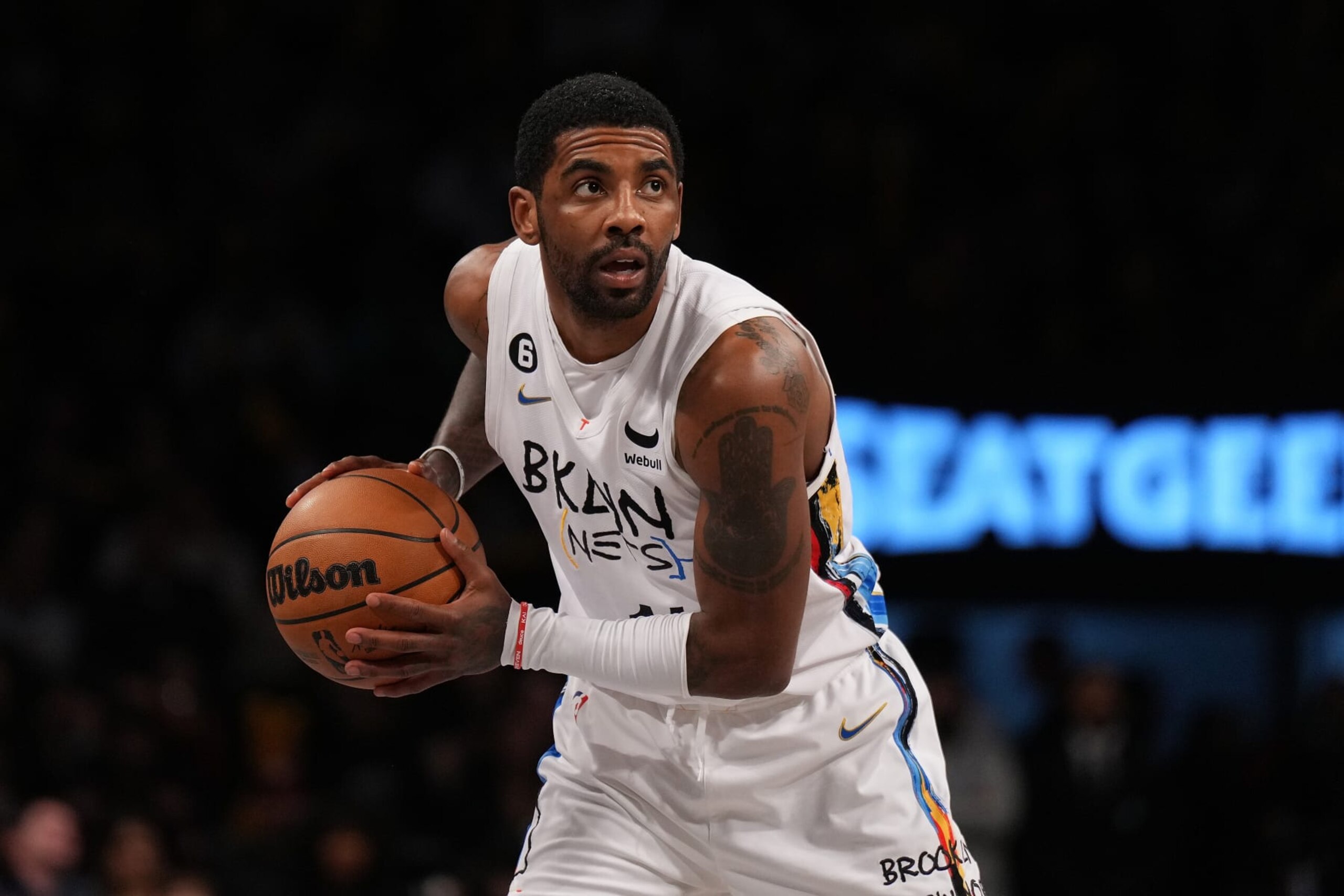 NEW YORK, NEW YORK - JANUARY 26: Kyrie Irving #11 of the Brooklyn Nets in action against the Detroit Pistons at Barclays Center on January 26, 2023 in New York City. NOTE TO USER: User expressly acknowledges and agrees that, by downloading and or using this Photograph, user is consenting to the terms and conditions of the Getty Images License Agreement. Detroit Pistons defeated the Brooklyn Nets 130-122. (Photo by Mike Stobe/Getty Images) NEW YORK, NEW YORK - JANUARY 26: Kyrie Irving #11 of the Brooklyn Nets in action against the Detroit Pistons at Barclays Center on January 26, 2023 in New York City. NOTE TO USER: User expressly acknowledges and agrees that, by downloading and or using this Photograph, user is consenting to the terms and conditions of the Getty Images License Agreement. Detroit Pistons defeated the Brooklyn Nets 130-122. (Photo by Mike Stobe/Getty Images)