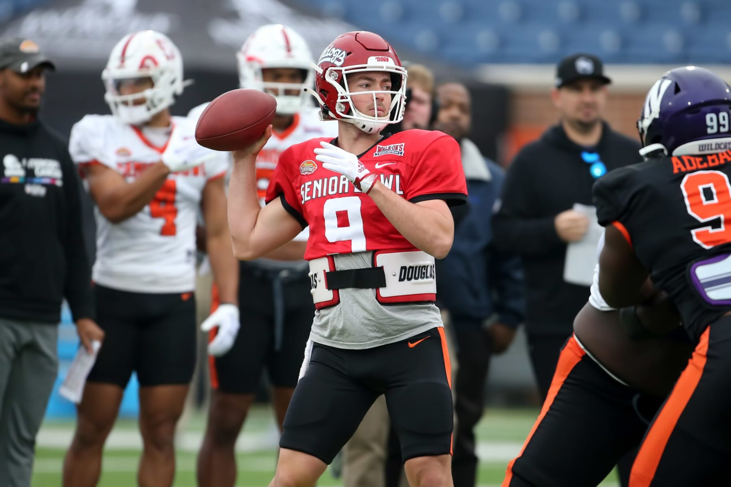 MOBILE, AL - FEBRUARY 02: National quarterback Jake Haener of Fresno State (9) during the Reese's Senior Bowl team practice session on February 2, 2023 at Hancock Whitney Stadium in Mobile, Alabama.  (Photo by Michael Wade/Icon Sportswire via Getty Images)