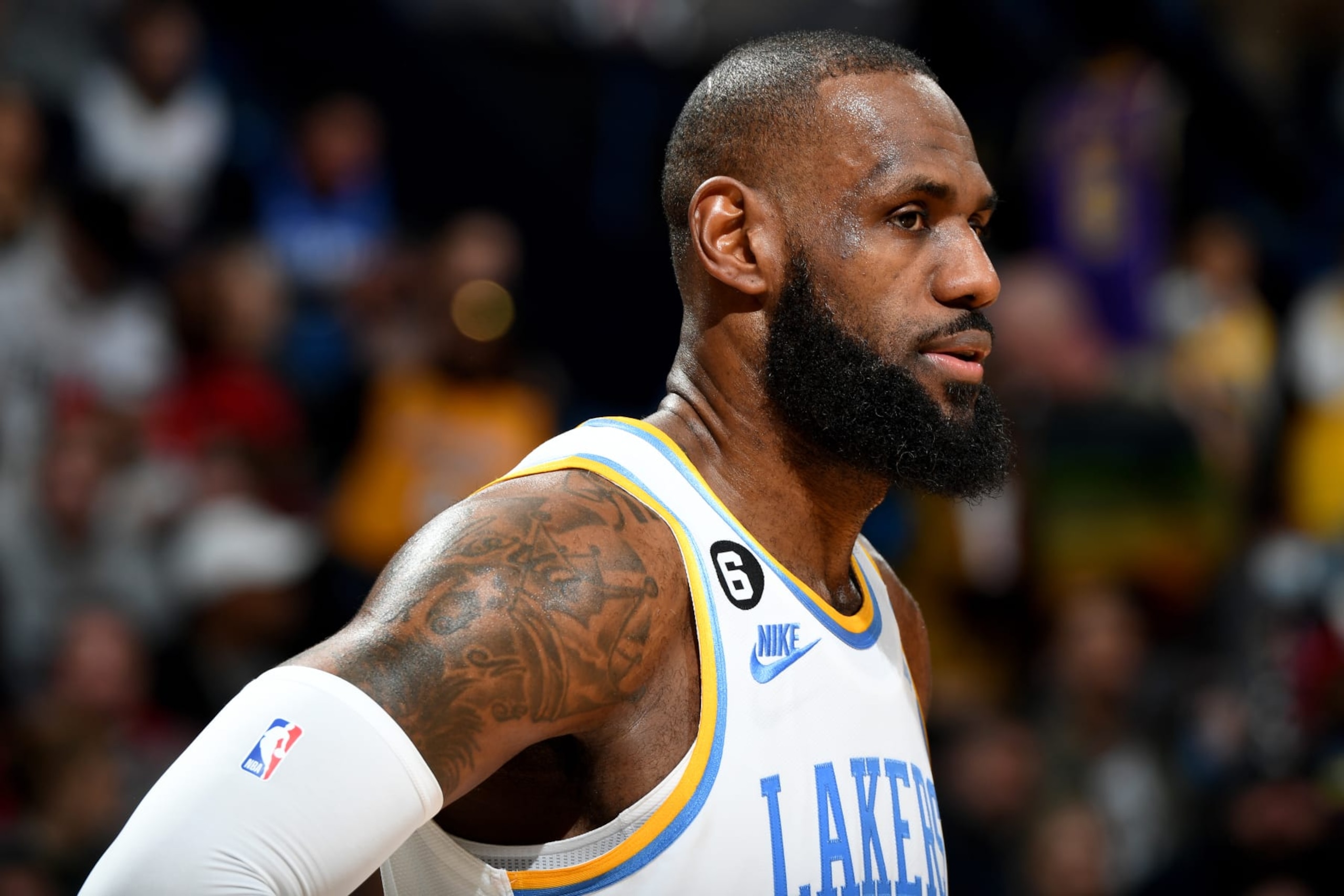 NEW ORLEANS, LA - FEBRUARY 4: LeBron James #6 of the Los Angeles Lakers looks on during the game against the New Orleans Pelicans on February 4, 2023 at the Smoothie King Center in New Orleans, Louisiana. NOTE TO USER: User expressly acknowledges and agrees that, by downloading and or using this Photograph, user is consenting to the terms and conditions of the Getty Images License Agreement. Mandatory Copyright Notice: Copyright 2023 NBAE (Photo by Andrew D. Bernstein/NBAE via Getty Images)