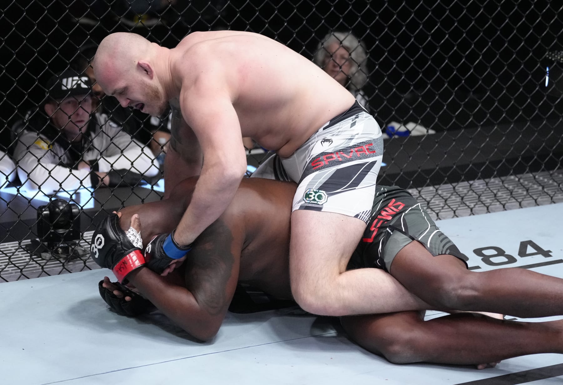 LAS VEGAS, NEVADA - FEBRUARY 04: (R-L) Serghei Spivac of Moldova punches Derrick Lewis in a heavyweight fight during the UFC Fight Night event at UFC APEX on February 04, 2023 in Las Vegas, Nevada. (Photo by Jeff Bottari/Zuffa LLC via Getty Images)
