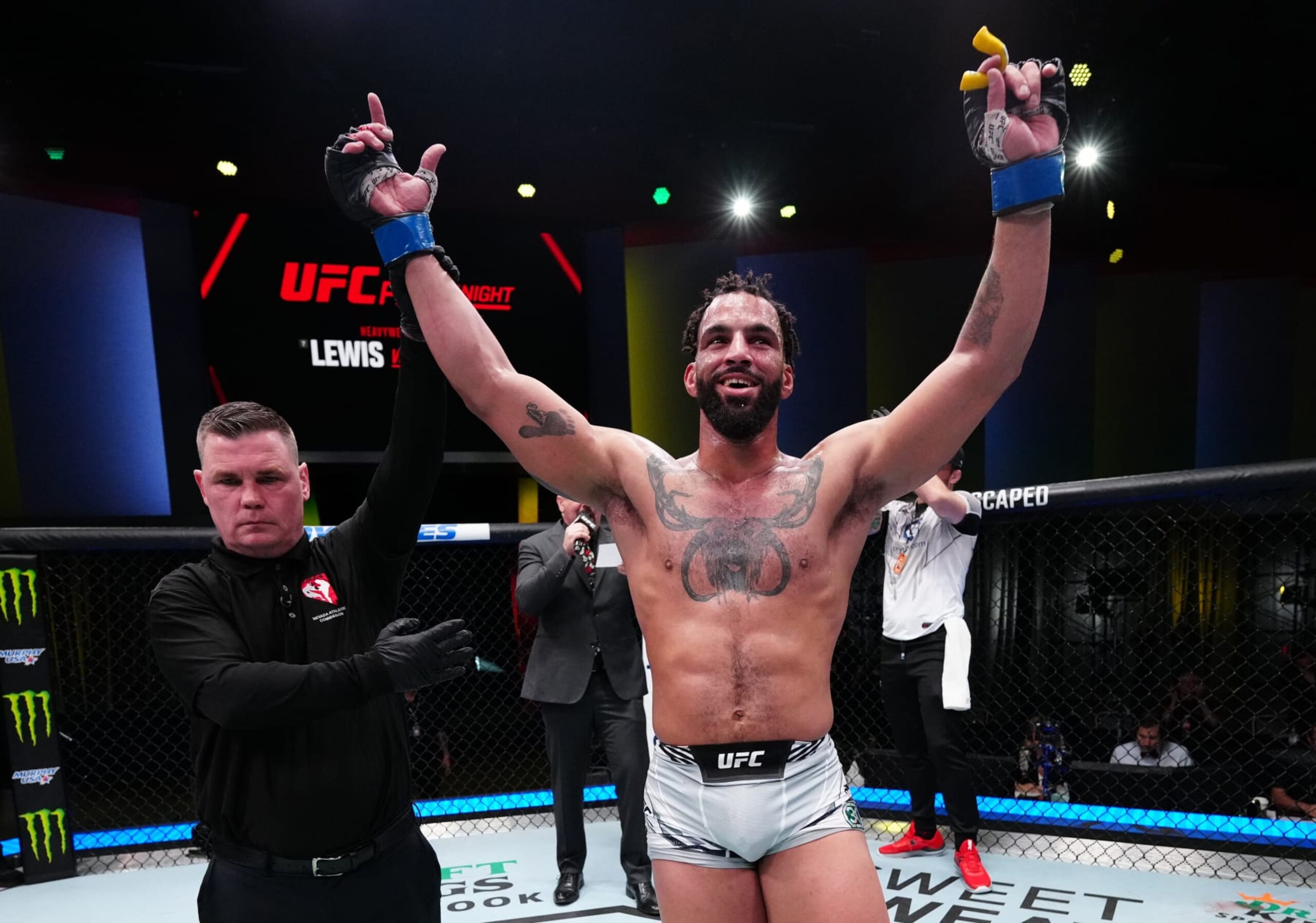 LAS VEGAS, NEVADA - FEBRUARY 04: Devin Clark reacts after his victory over Da Woon Jung of South Korea in a light heavyweight fight during the UFC Fight Night event at UFC APEX on February 04, 2023 in Las Vegas, Nevada. (Photo by Jeff Bottari/Zuffa LLC via Getty Images)