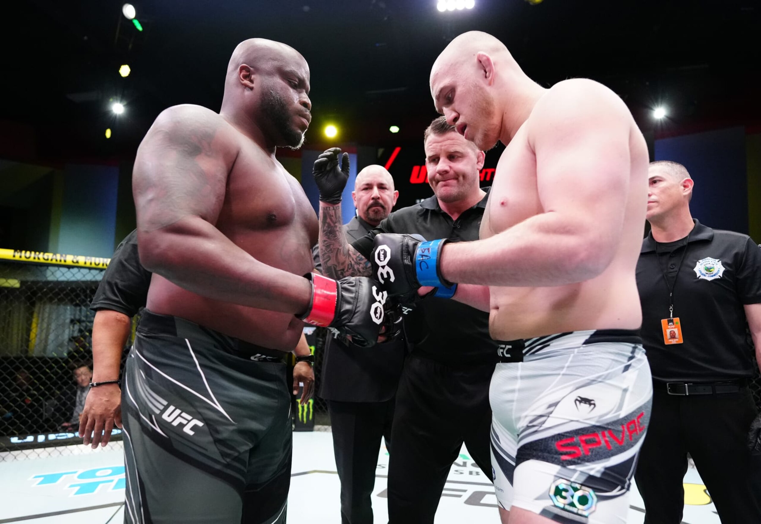 LAS VEGAS, NEVADA - FEBRUARY 04: (L-R) Opponents Derrick Lewis and Serghei Spivac of Moldova face off prior to their heavyweight fight during the UFC Fight Night event at UFC APEX on February 04, 2023 in Las Vegas, Nevada. (Photo by Jeff Bottari/Zuffa LLC via Getty Images)