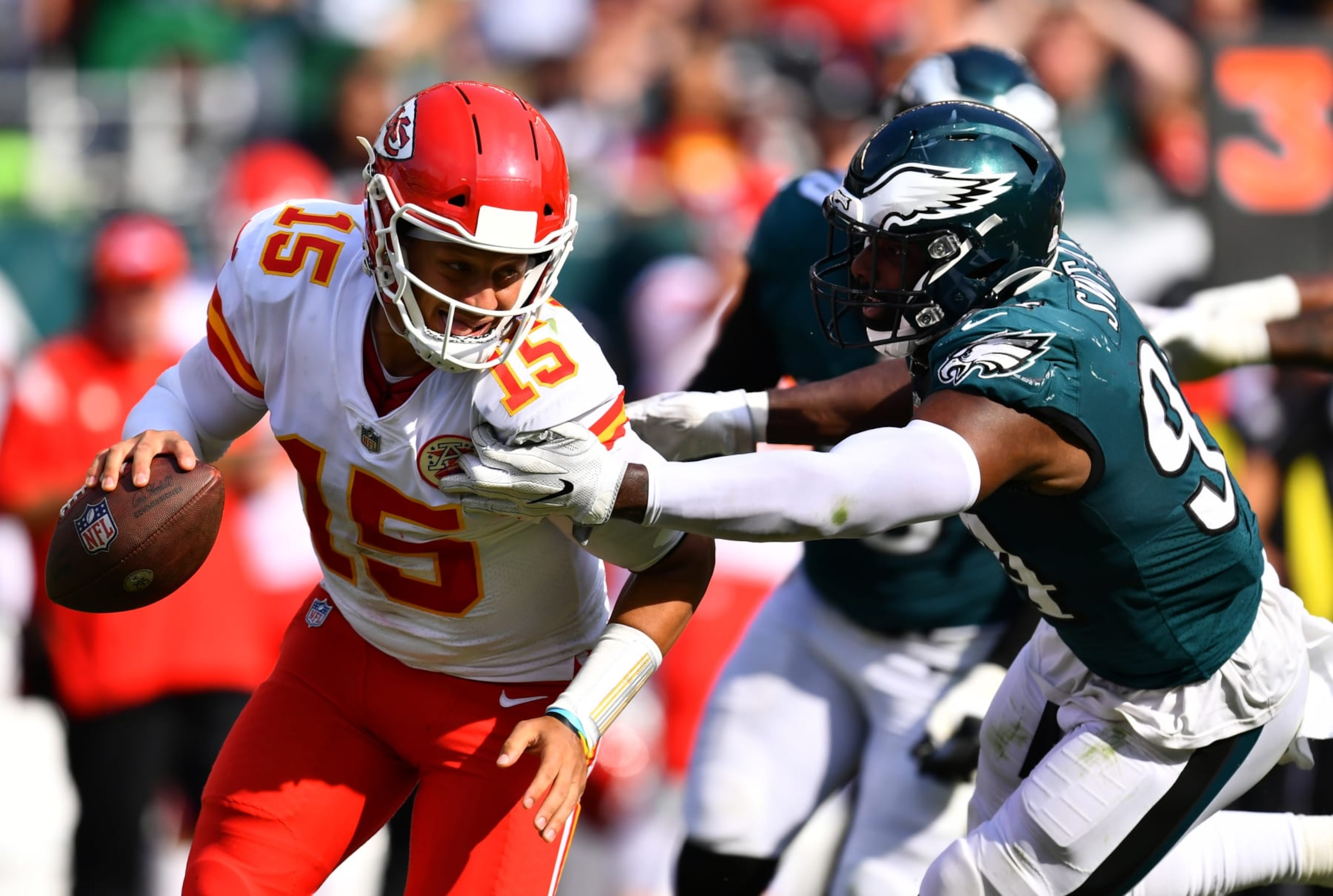PHILADELPHIA, PA - OCTOBER 03: Philadelphia Eagles Defensive End Josh Sweat (94) pressures Kansas City Chiefs Quarterback Patrick Mahomes (15) in the second half during the game between the Kansas City Chiefs and Philadelphia Eagles on October 03, 2021 at Lincoln Financial Field in Philadelphia, PA. (Photo by Kyle Ross/Icon Sportswire via Getty Images)