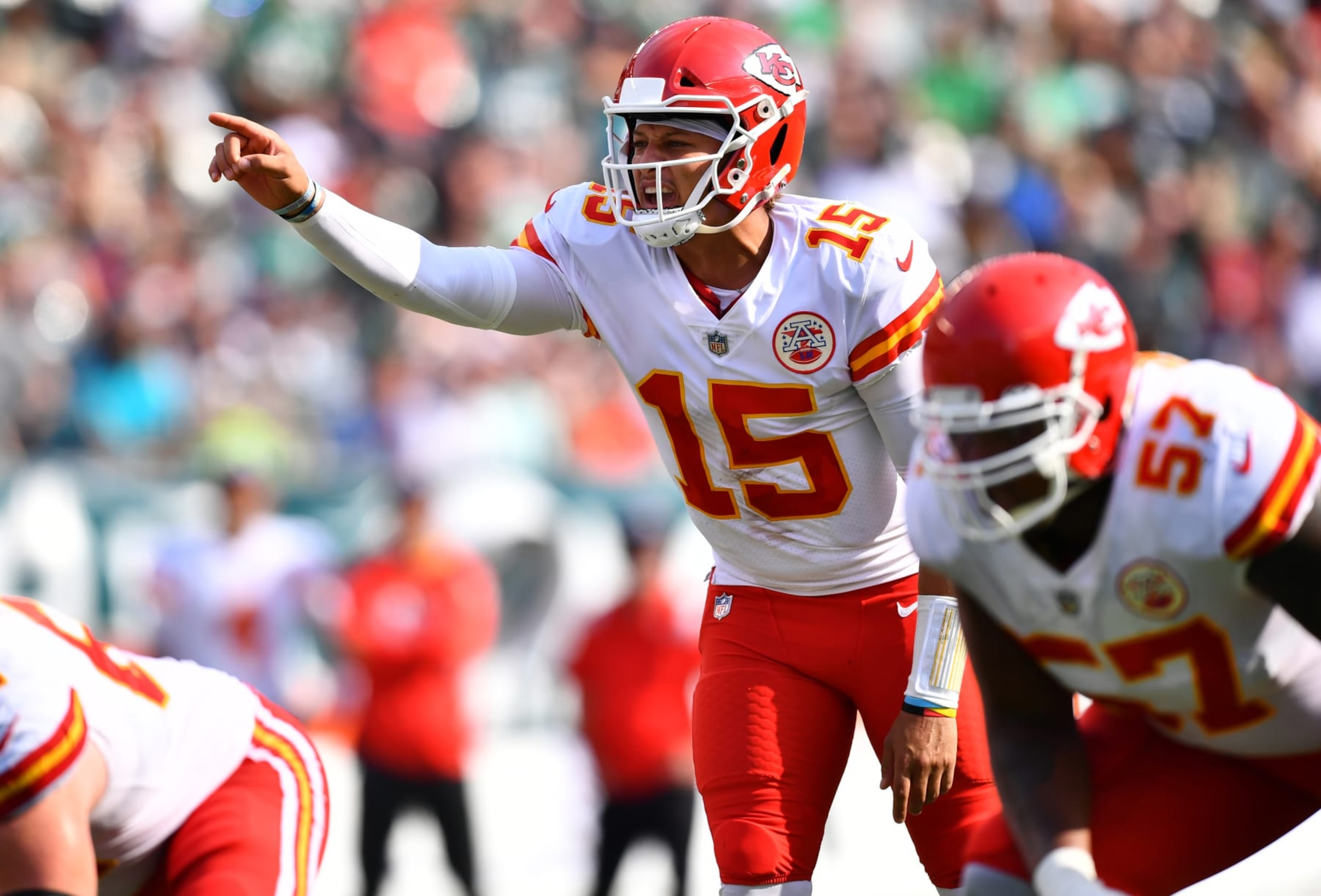 PHILADELPHIA, PA - OCTOBER 03: Kansas City Chiefs Quarterback Patrick Mahomes (15) calls out before a play in the second half during the game between the Kansas City Chiefs and Philadelphia Eagles on October 03, 2021 at Lincoln Financial Field in Philadelphia, PA. (Photo by Kyle Ross/Icon Sportswire via Getty Images)