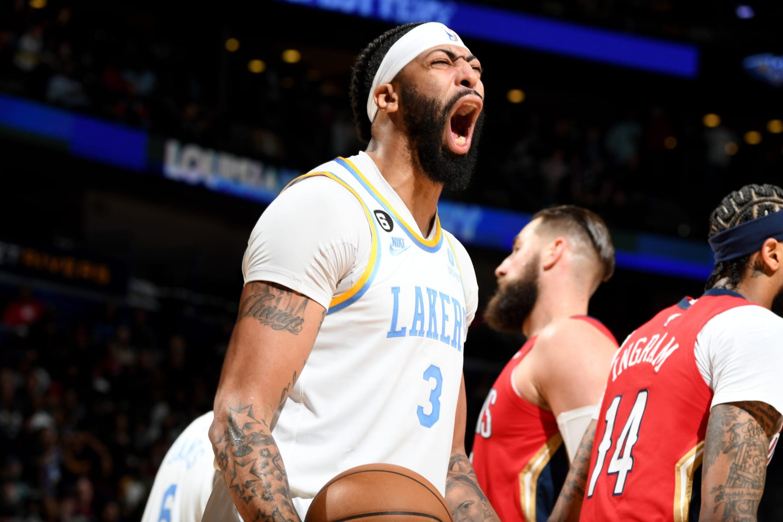 NEW ORLEANS, LA - FEBRUARY 4: Anthony Davis #3 of the Los Angeles Lakers celebrates during the game against the New Orleans Pelicans on February 4, 2023 at the Smoothie King Center in New Orleans, Louisiana. NOTE TO USER: User expressly acknowledges and agrees that, by downloading and or using this Photograph, user is consenting to the terms and conditions of the Getty Images License Agreement. Mandatory Copyright Notice: Copyright 2023 NBAE (Photo by Andrew D. Bernstein/NBAE via Getty Images)