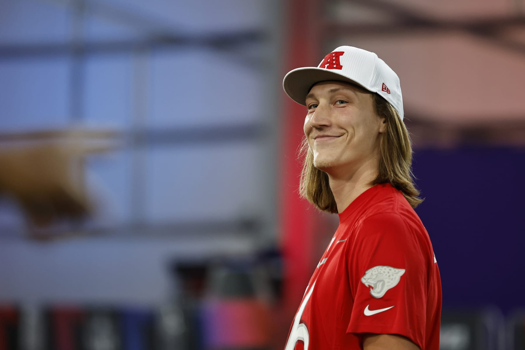 LAS VEGAS, NEVADA - FEBRUARY 02: AFC quarterback Trevor Lawrence #16 of the Jacksonville Jaguars reacts during the Pro Bowl Games skills events on February 02, 2023 in Las Vegas, Nevada. (Photo by Michael Owens/Getty Images)