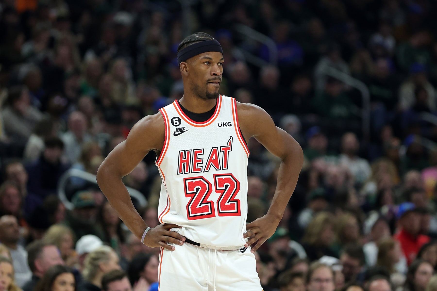 MILWAUKEE, WISCONSIN - FEBRUARY 04: Jimmy Butler #22 of the Miami Heat waits for a free throw during the first half of a game against the Milwaukee Bucks at Fiserv Forum on February 04, 2023 in Milwaukee, Wisconsin. NOTE TO USER: User expressly acknowledges and agrees that, by downloading and or using this photograph, User is consenting to the terms and conditions of the Getty Images License Agreement. (Photo by Stacy Revere/Getty Images)