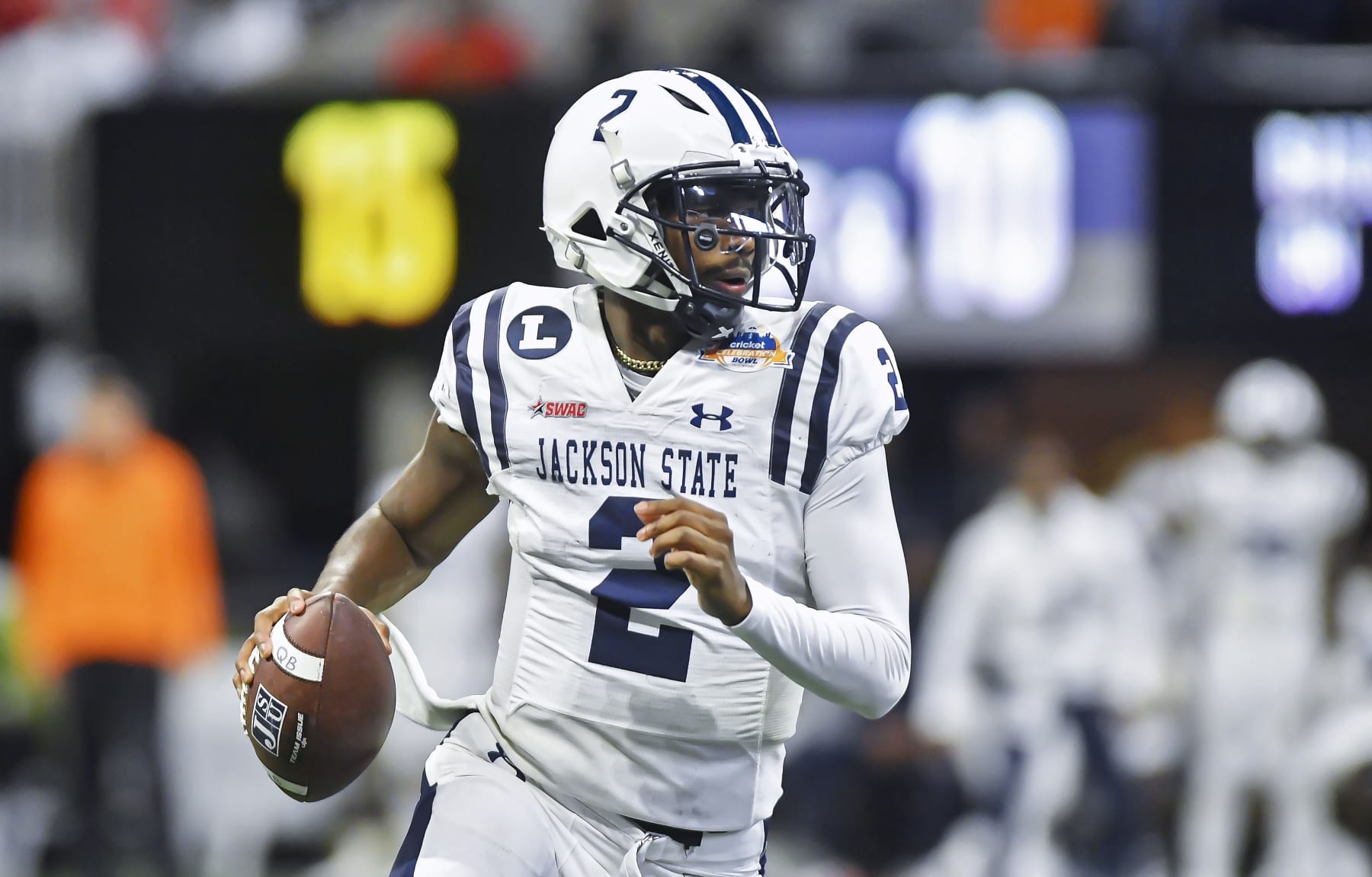 ATLANTA, GA - DECEMBER 17: Jackson State Tigers quarterback Shedeur Sanders examines the field during the third quarter of the college football Cricket Celebration Bowl between the North Carolina Central Eagles and Jackson State Tigers on Saturday, December 17, 2022 at Mercedes-Benz Stadium in Atlanta, GA. (Photo by Austin McAfee/Icon Sportswire via Getty Images)