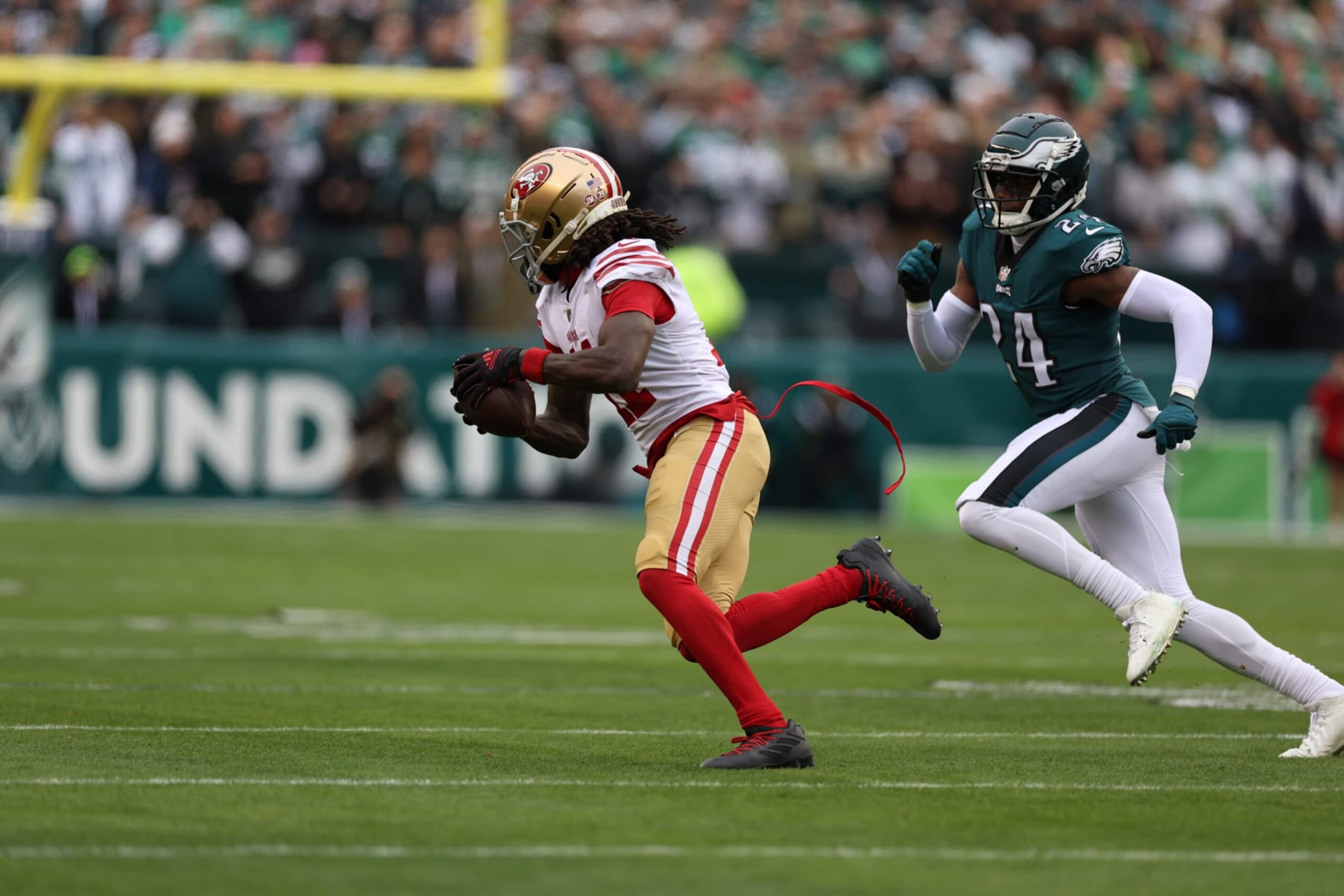 Football: NFC Championship: San Brandon Aiyuk (11) in action, runs with the football vs Philadelphia Eagles James Bradberry (24) at Lincoln Financial Stadium. 
Philadelphia, PA 1/29/2023 
CREDIT: Simon Bruty (Photo by Simon Bruty/Sports Illustrated via Getty Images) 
(Set Number: X164295 TK1)
