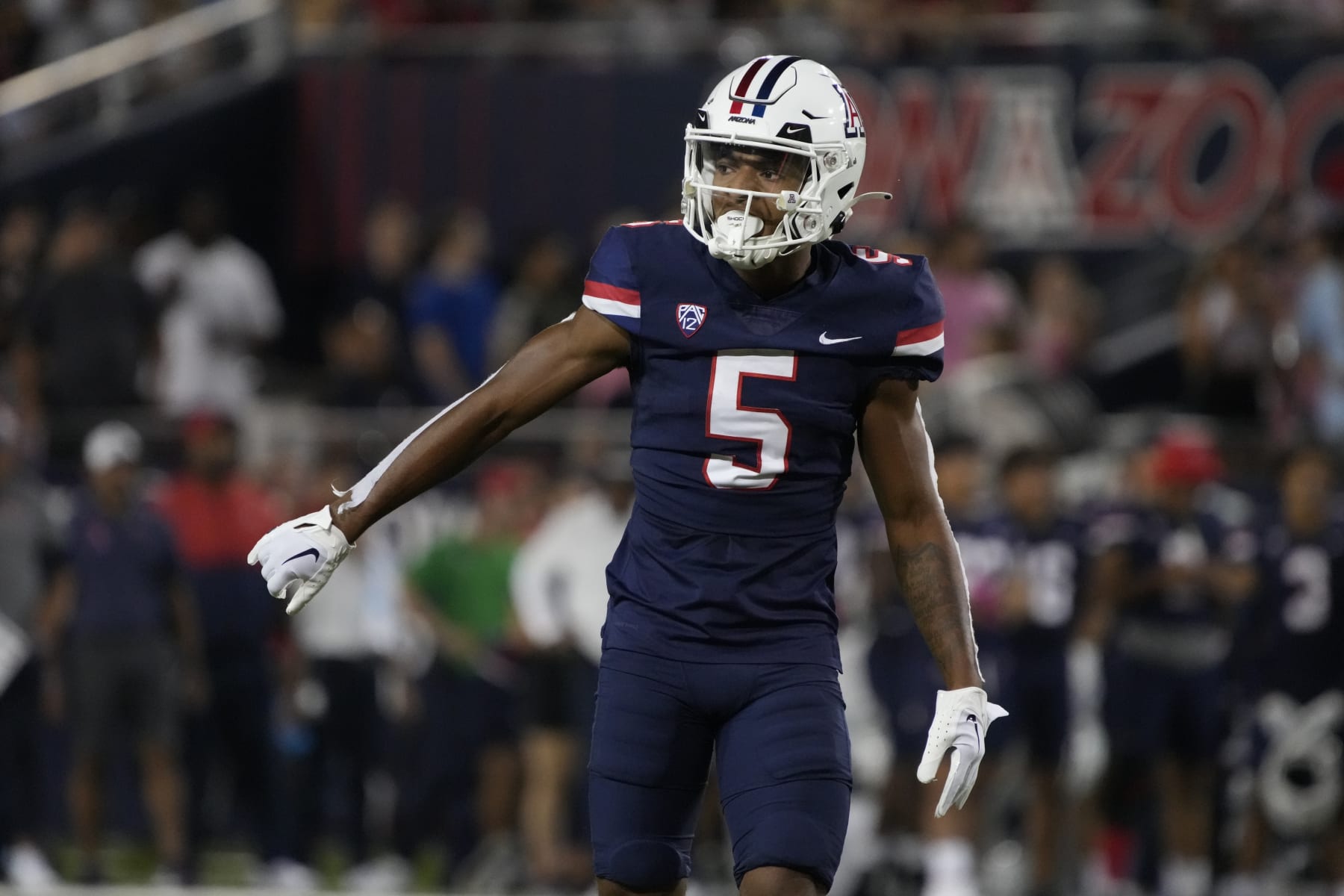 Arizona wide receiver Dorian Singer (5) in the first half during an NCAA college football game against Colorado, Saturday, Oct. 1, 2022, in Tucson, Ariz. (AP Photo/Rick Scuteri)