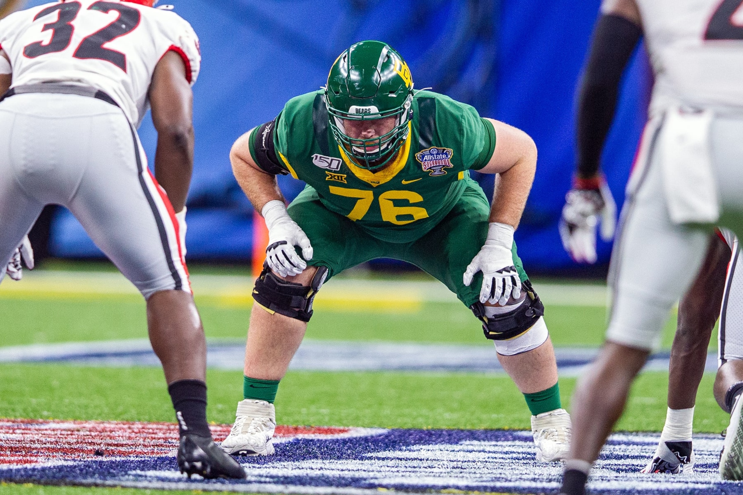 NEW ORLEANS, LA - JANUARY 01: Baylor Bears linebacker Connor Galvin (76) lines up for a play during the Sugar Bowl game between the Georgia Bulldogs and the Baylor Bears on January 01, 2020, at the Mercedez-Benz Superdome in New Orleans, Louisiana. (Photo by John Korduner/Icon Sportswire via Getty Images)